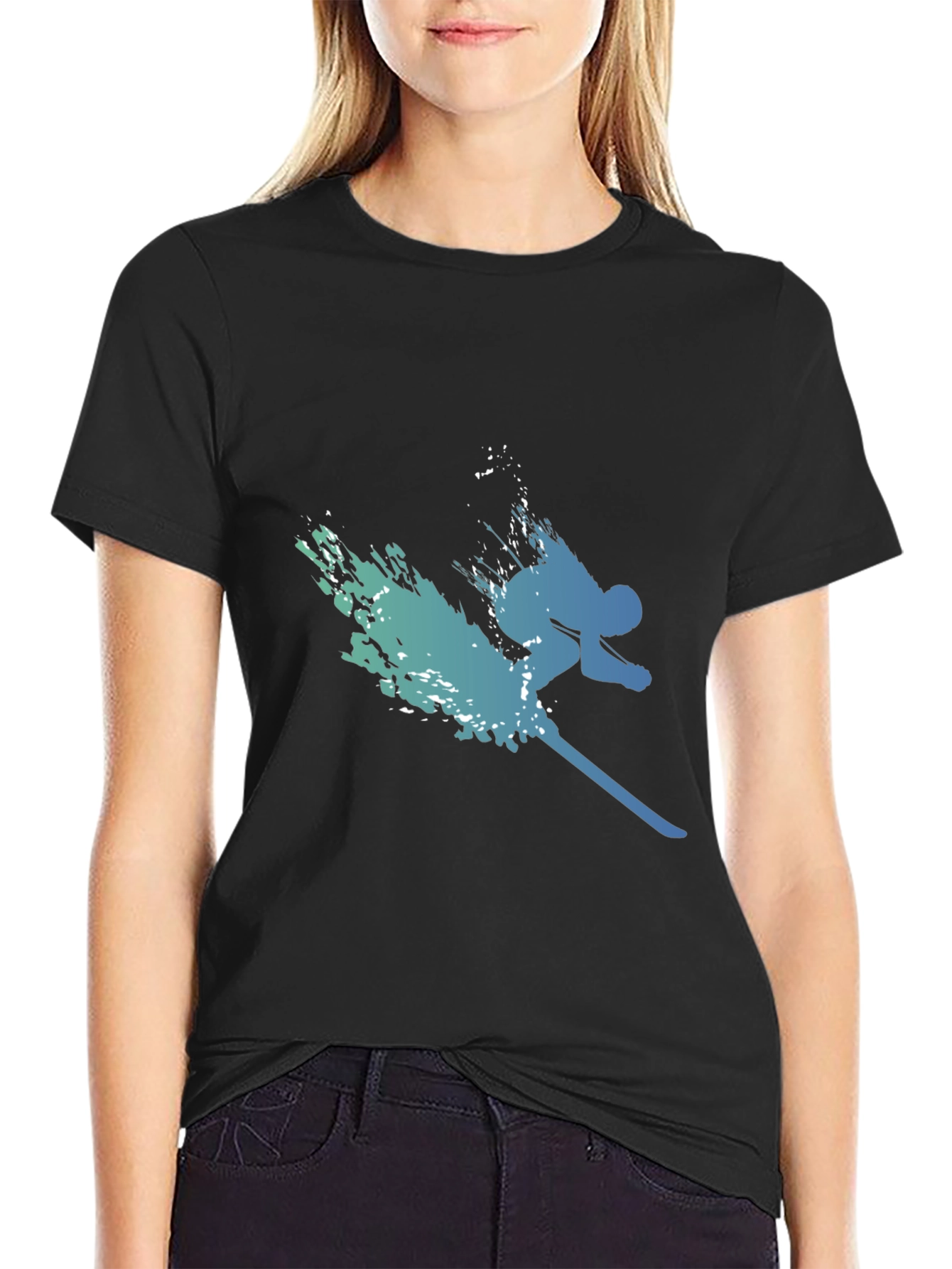 Stylish Skier Graphic Tee - Black Cotton Blend