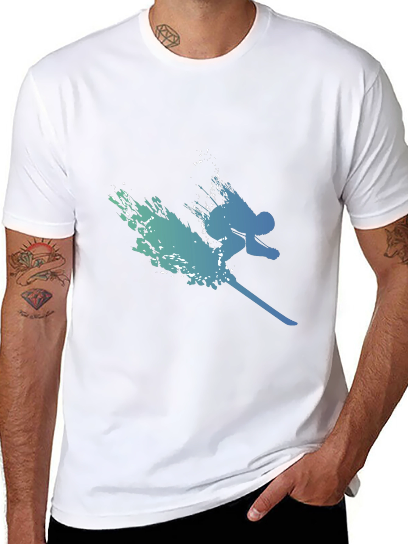 Stylish Skier Graphic Tee - Black Cotton Blend