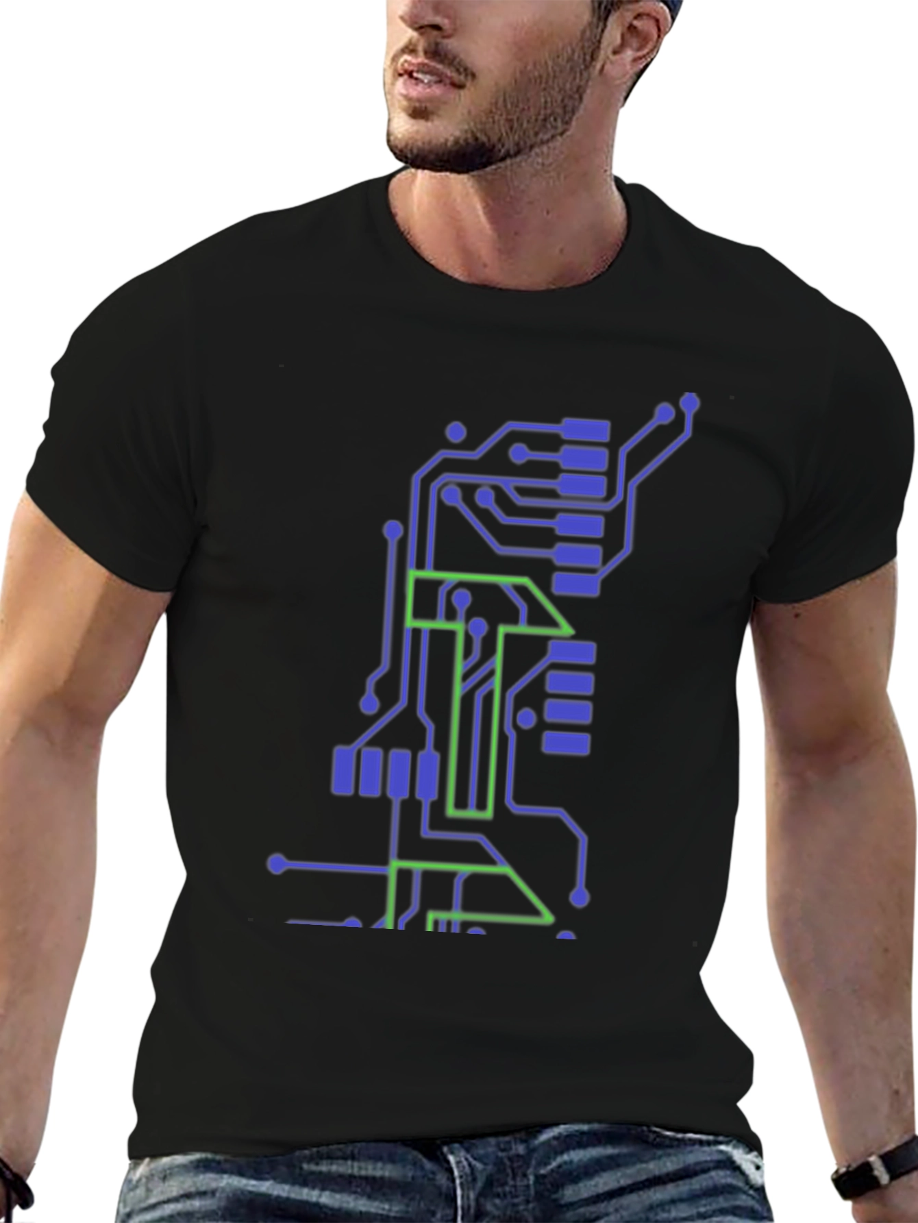 Tech Circuit Board Graphic Tee - Black Cotton T-Shirt