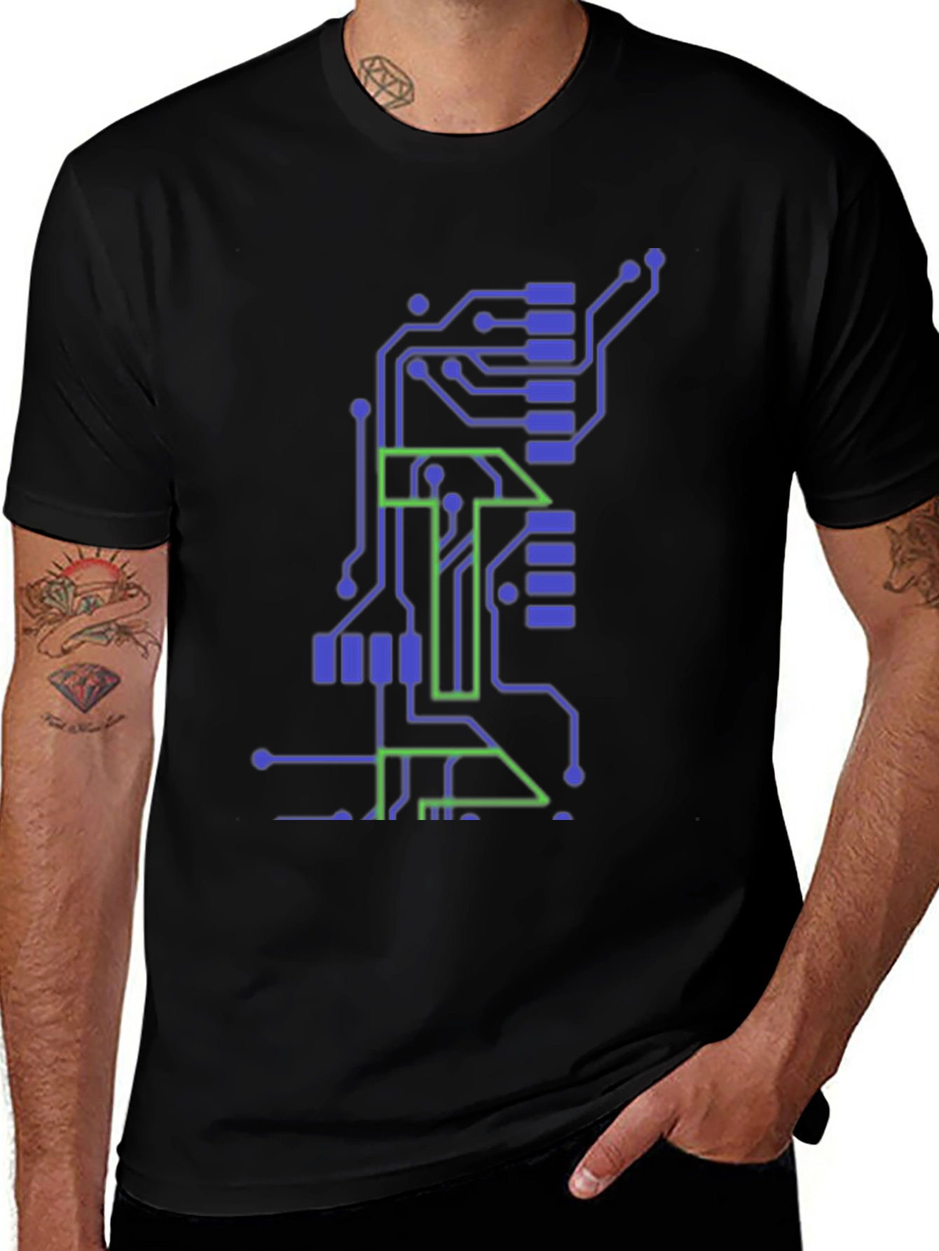 Tech Circuit Board Graphic Tee - Black Cotton T-Shirt