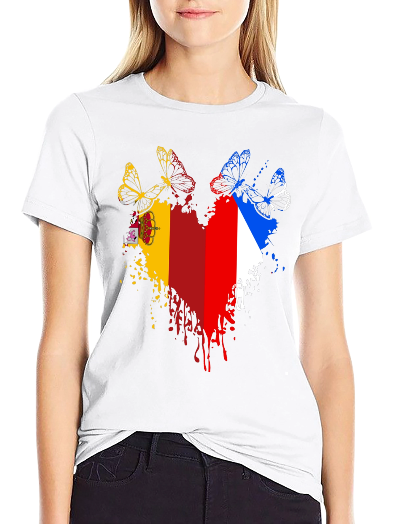 Spain France Flag Heart Butterfly Mens Graphic T-Shirt