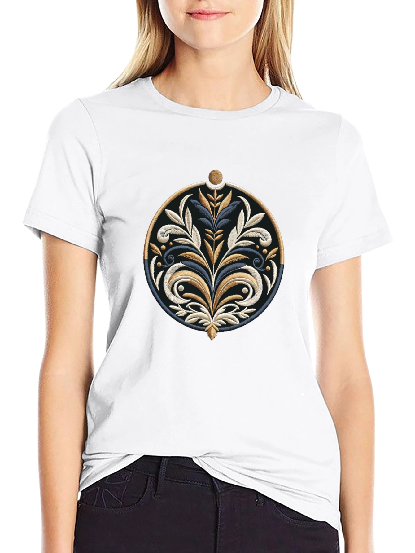 Elegant Floral Embroidered Black T-Shirt