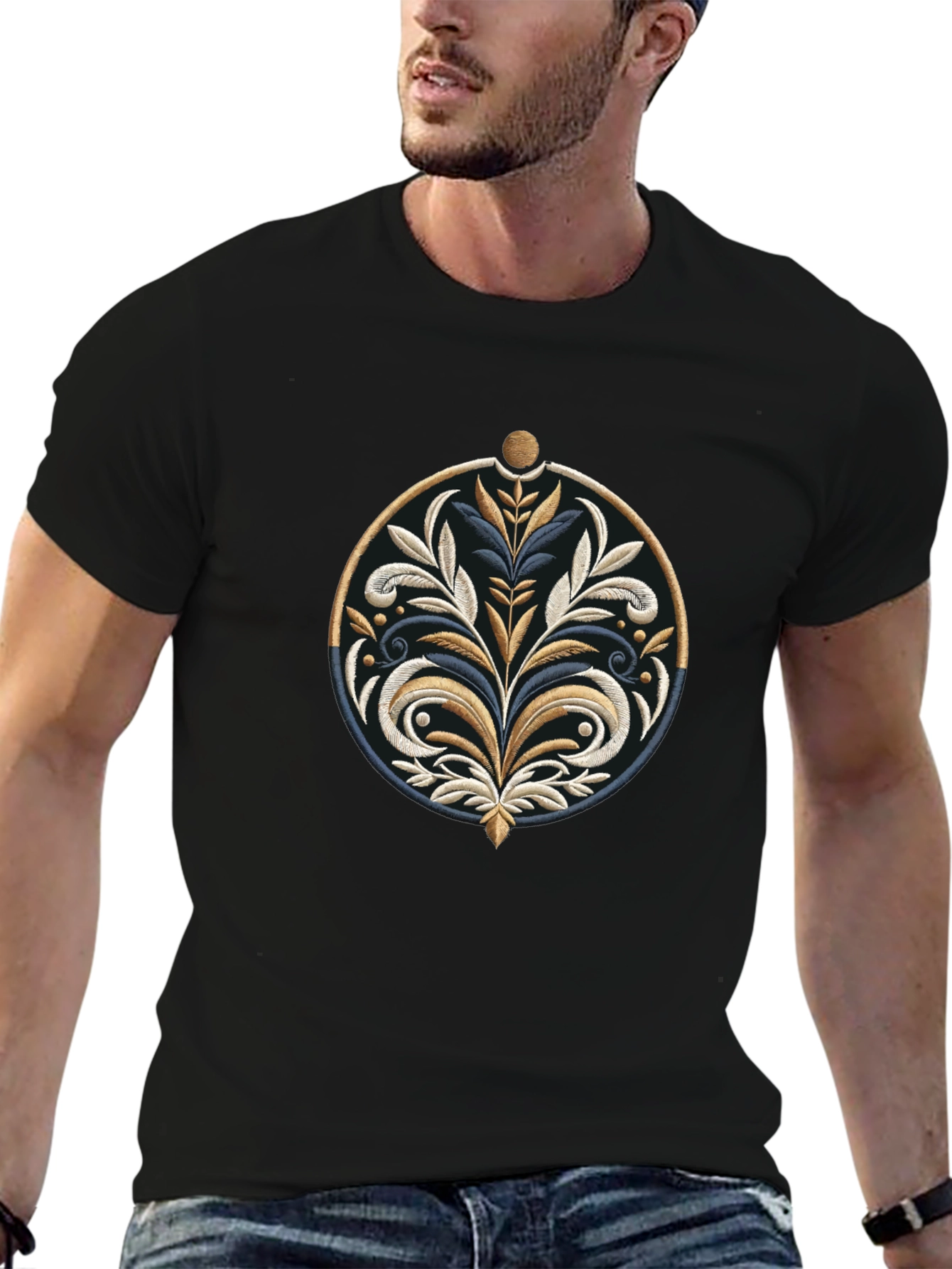 Elegant Floral Embroidered Black T-Shirt