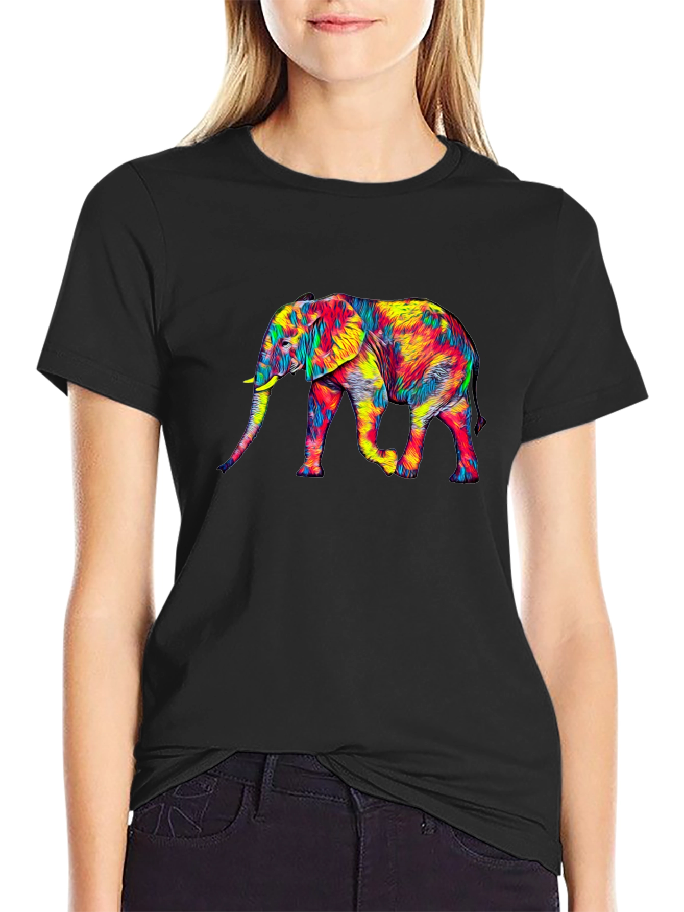 Vibrant Elephant Graphic Tee - Black Cotton