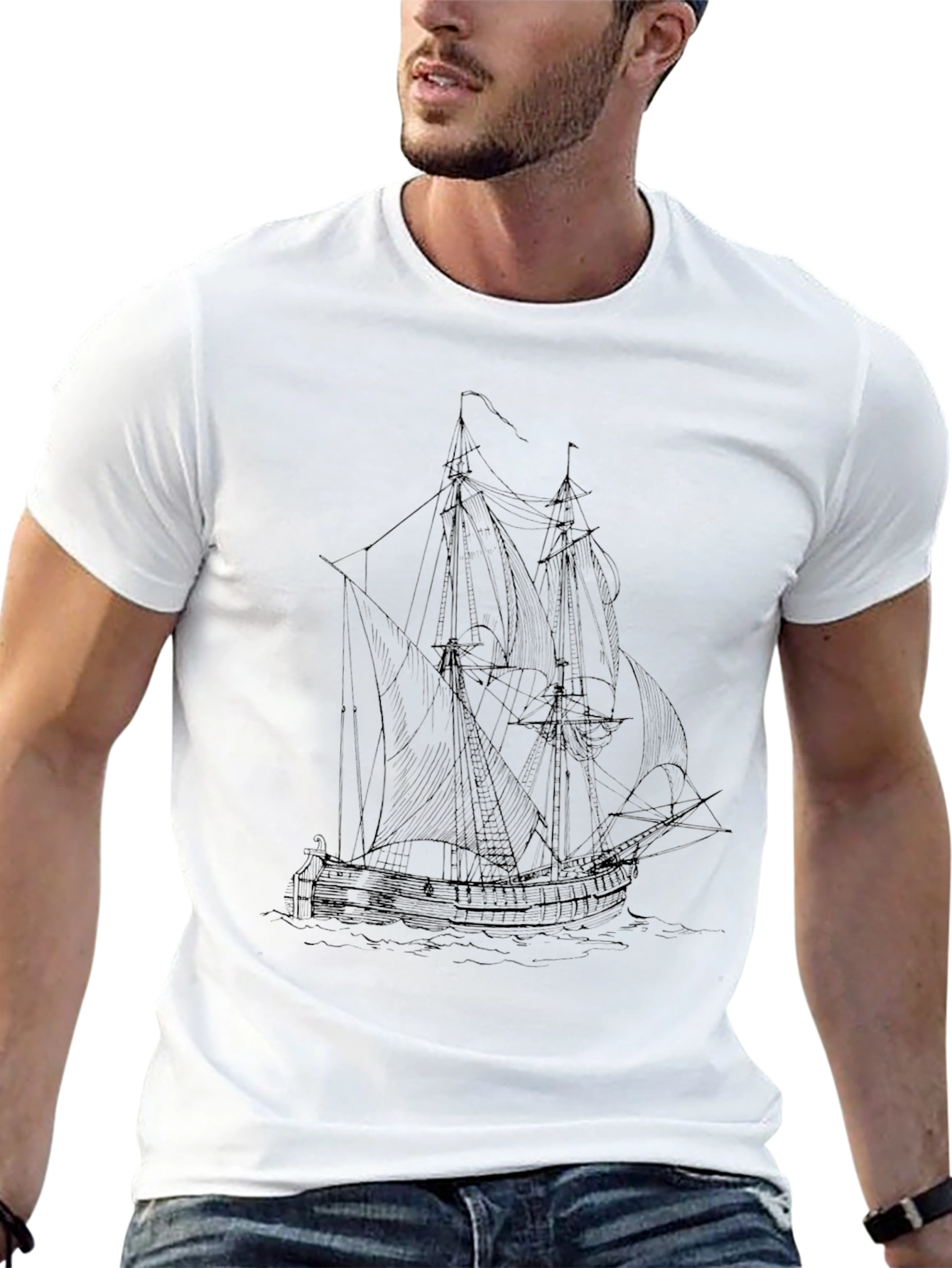 Mens Black T-Shirt with Ship Print