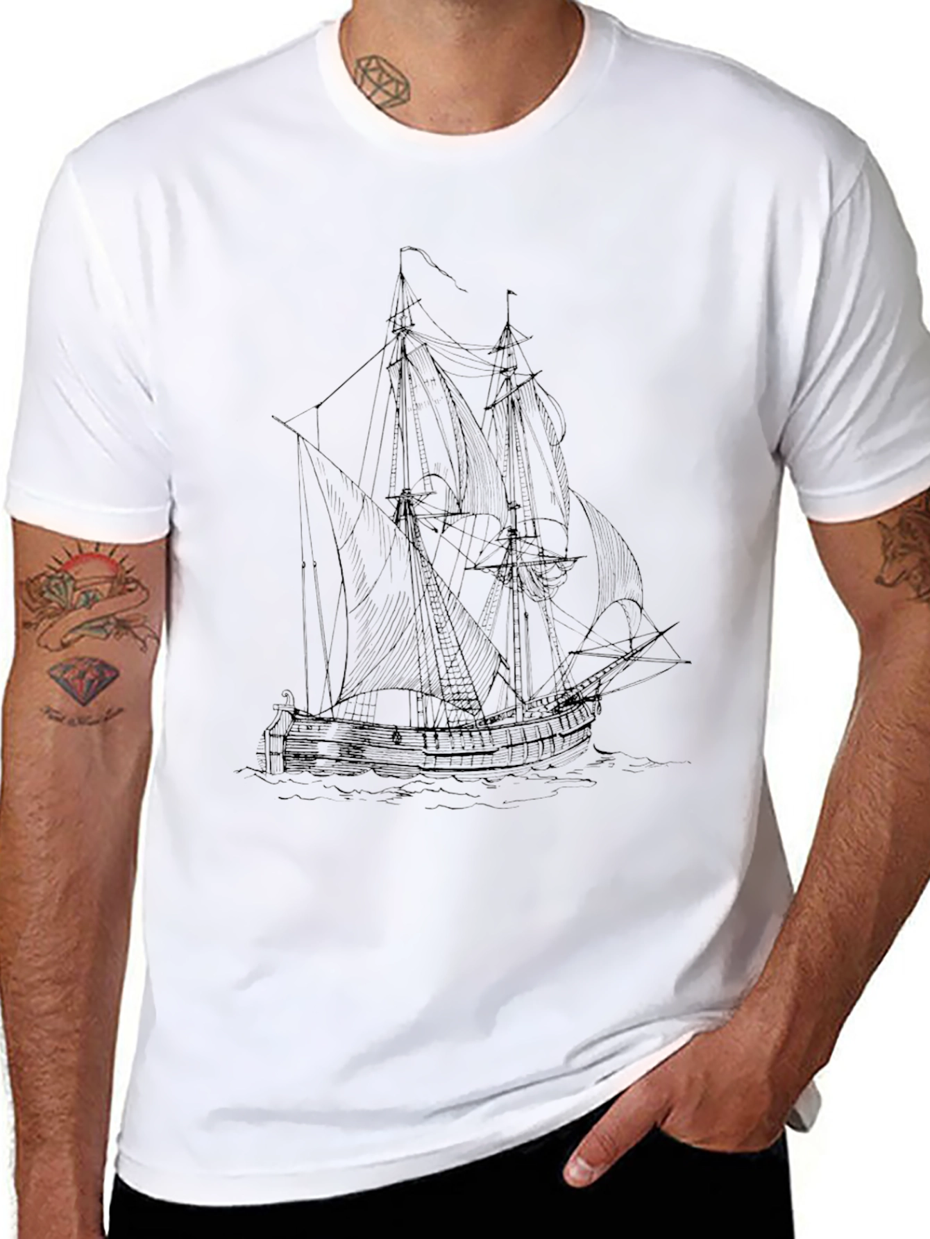 Mens Black T-Shirt with Ship Print