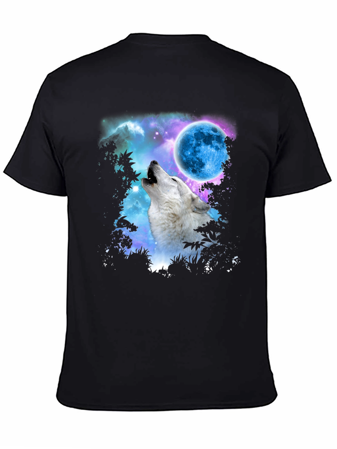 Wolf Howling at Moon Graphic Print Black T-Shirt