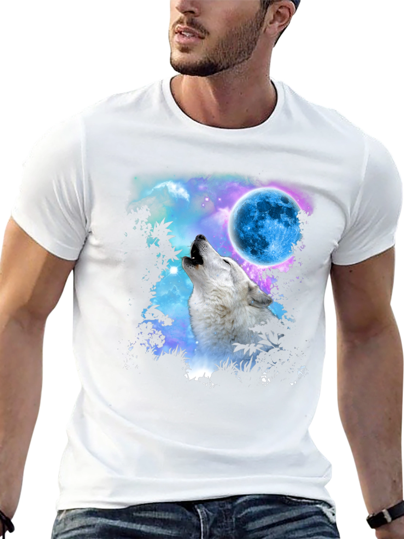 Wolf Howling at Moon Graphic Print Black T-Shirt