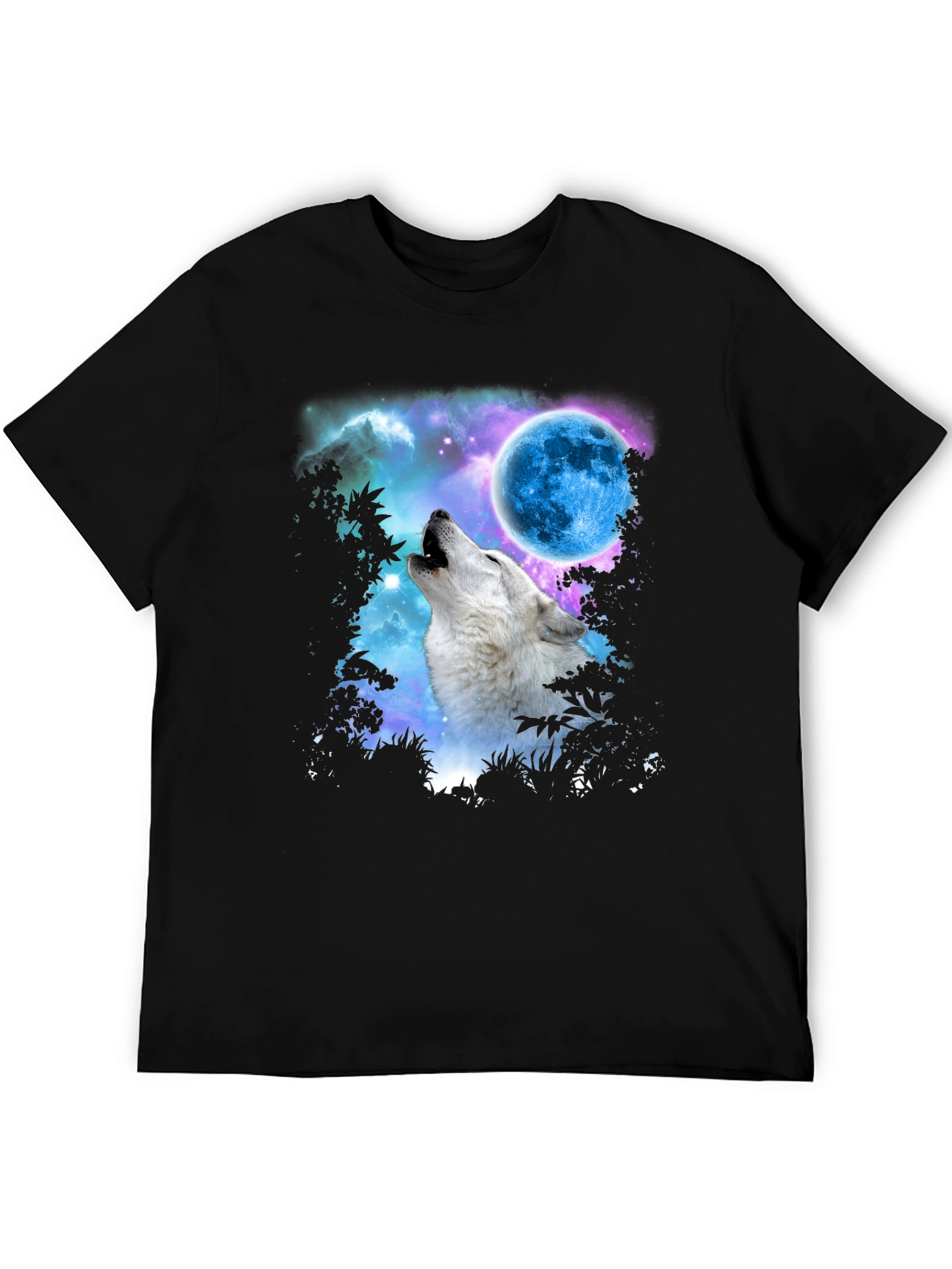 Wolf Howling at Moon Graphic Print Black T-Shirt