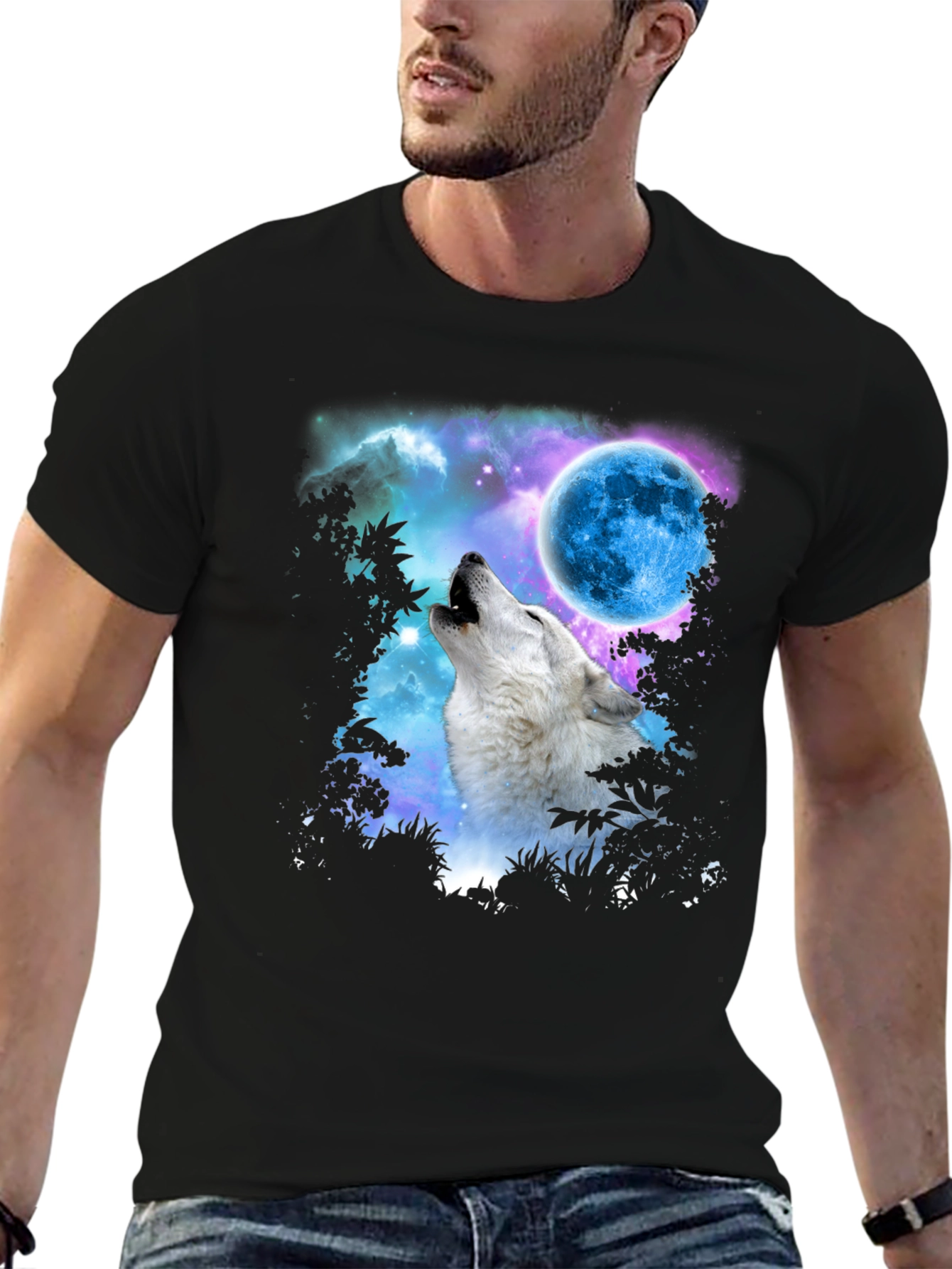 Wolf Howling at Moon Graphic Print Black T-Shirt