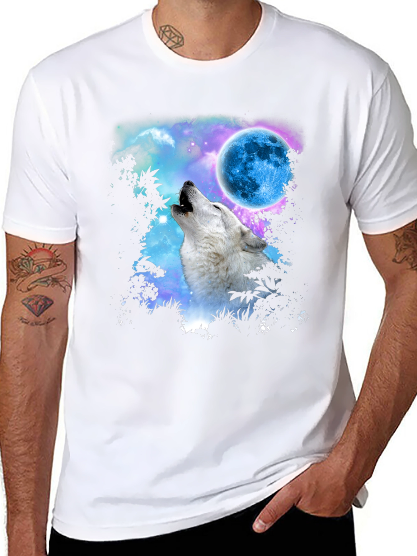 Wolf Howling at Moon Graphic Print Black T-Shirt