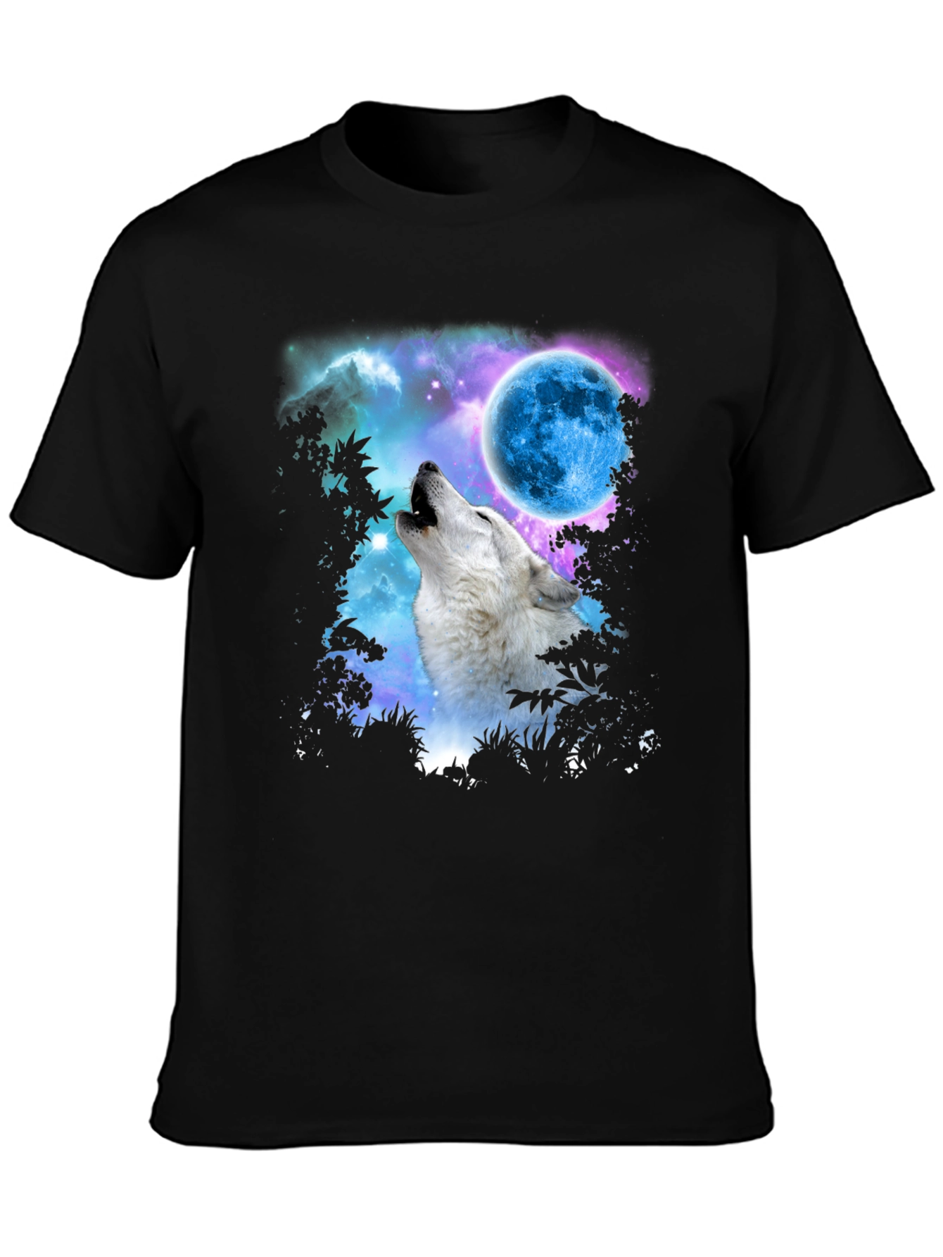 Wolf Howling at Moon Graphic Print Black T-Shirt