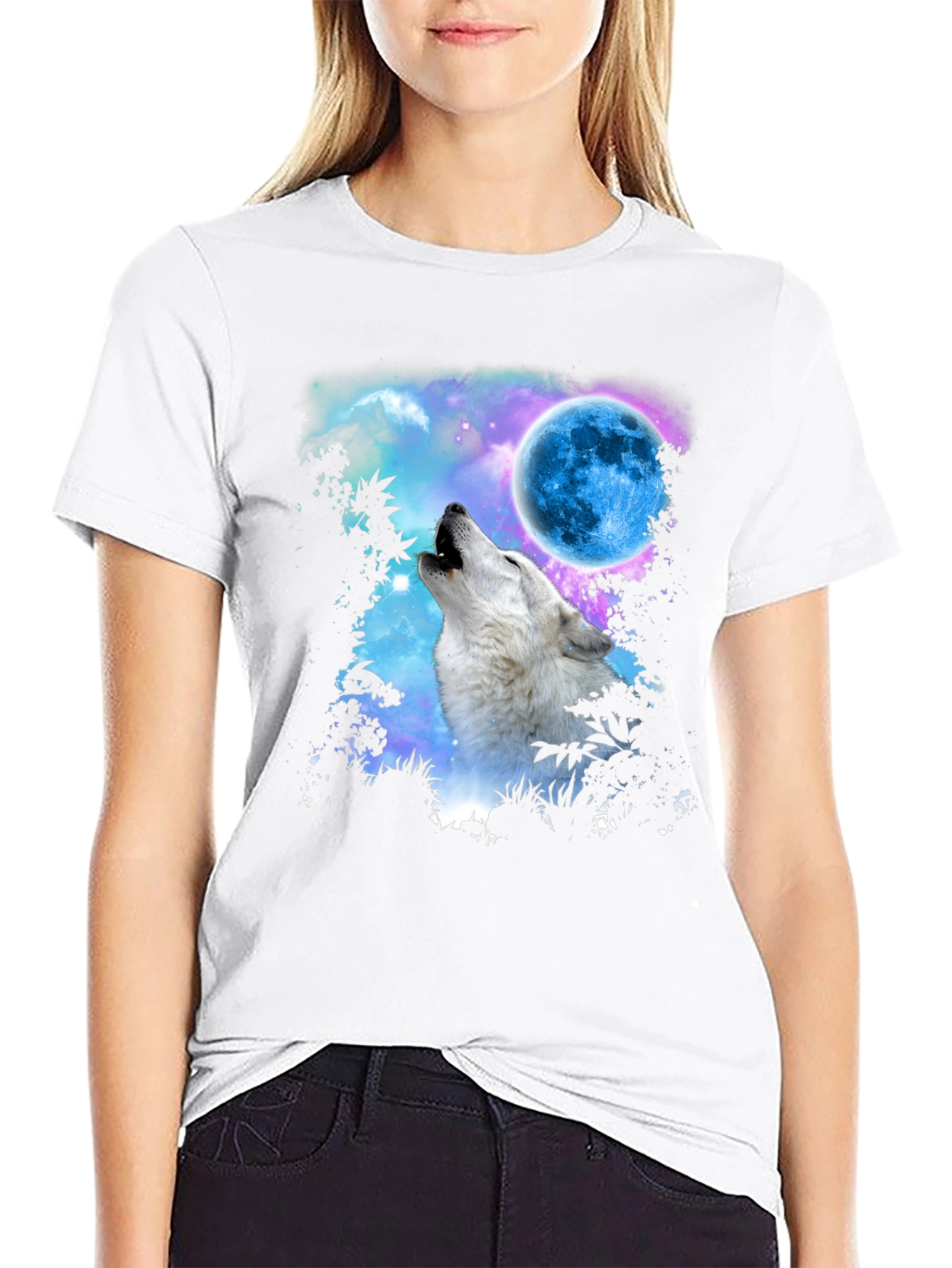 Wolf Howling at Moon Graphic Print Black T-Shirt