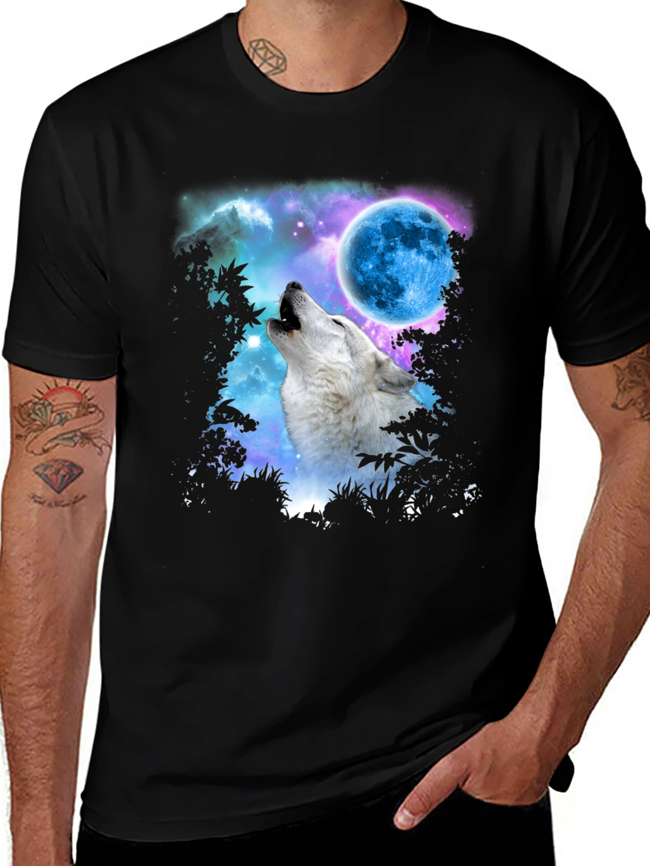 Wolf Howling at Moon Graphic Print Black T-Shirt