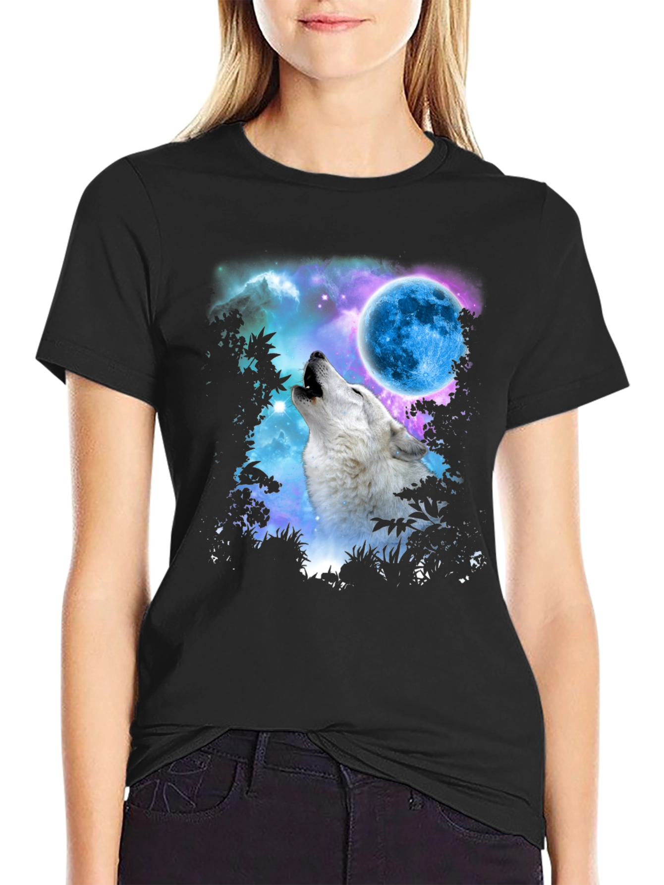 Wolf Howling at Moon Graphic Print Black T-Shirt