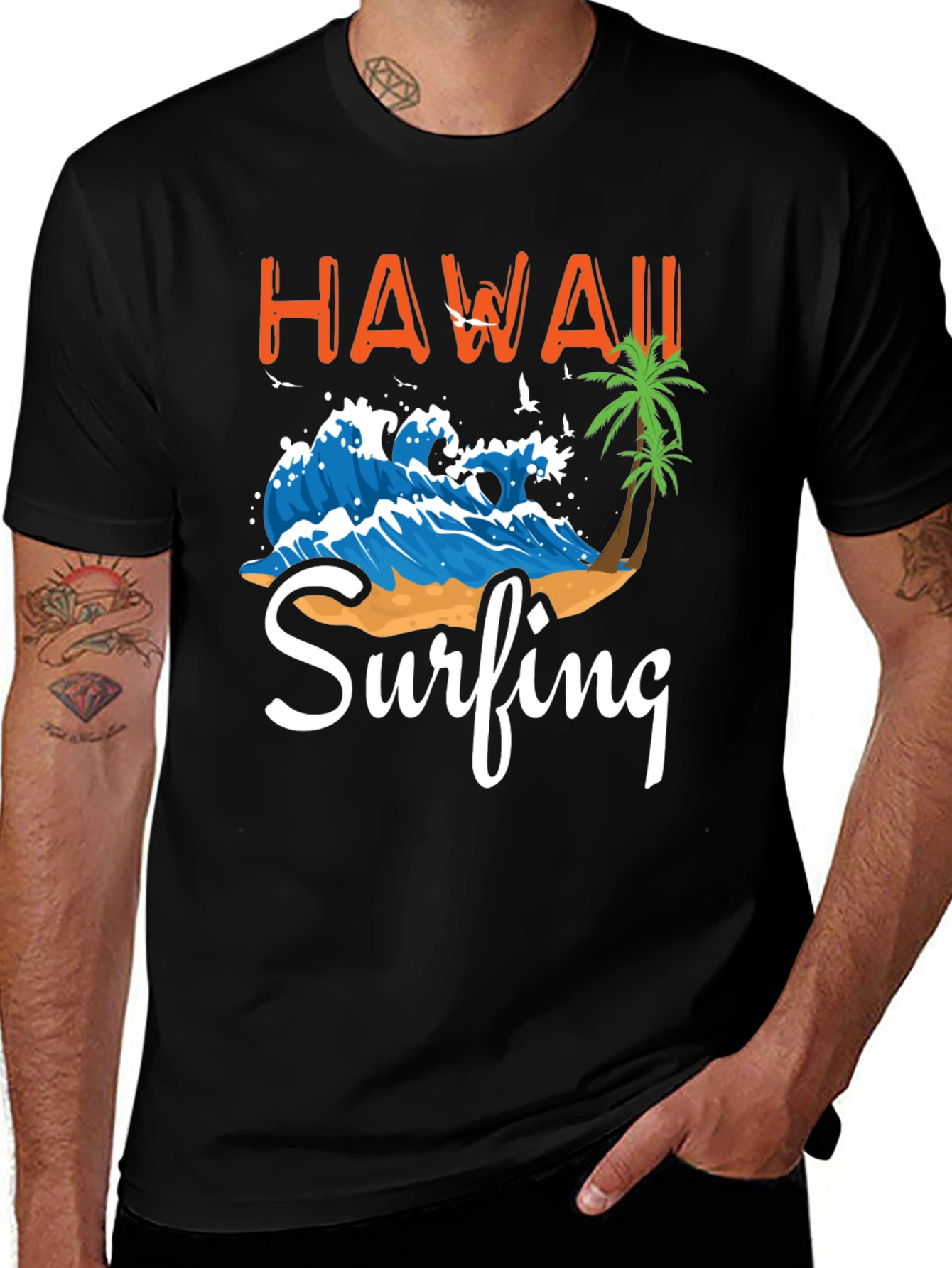 Hawaii Surfing Graphic Tee - Black