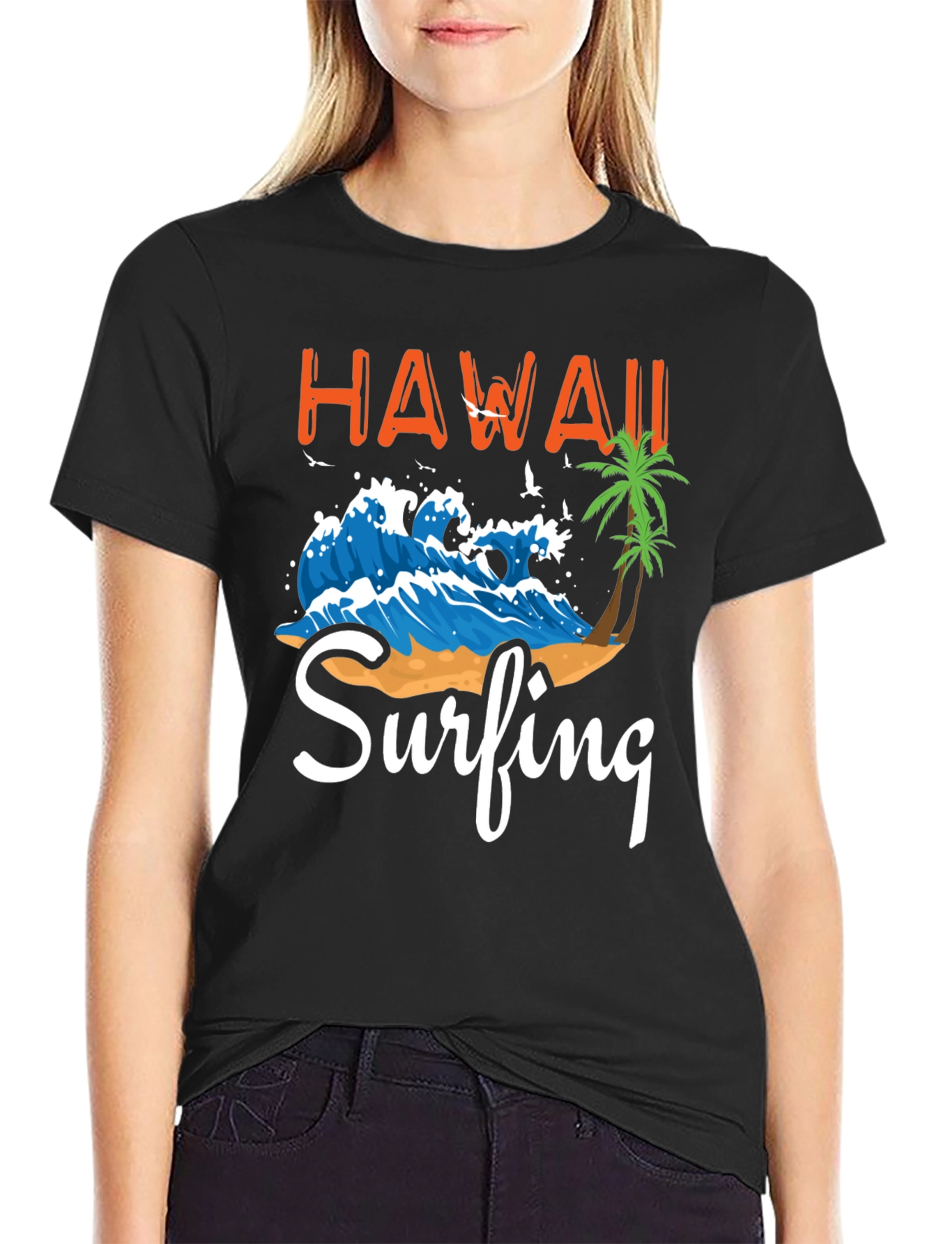 Hawaii Surfing Graphic Tee - Black