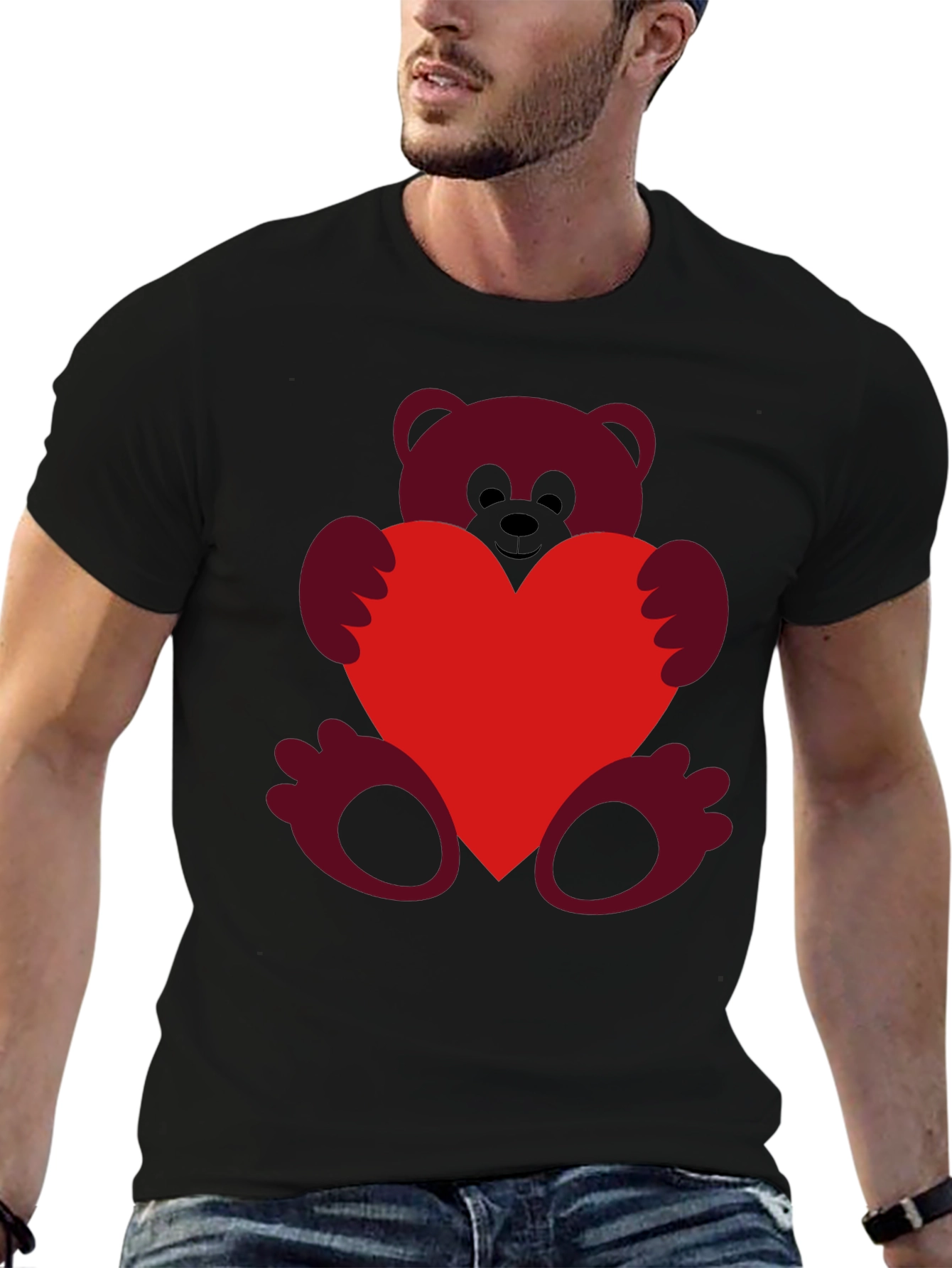 Heart Hugging Teddy Bear Black T-Shirt