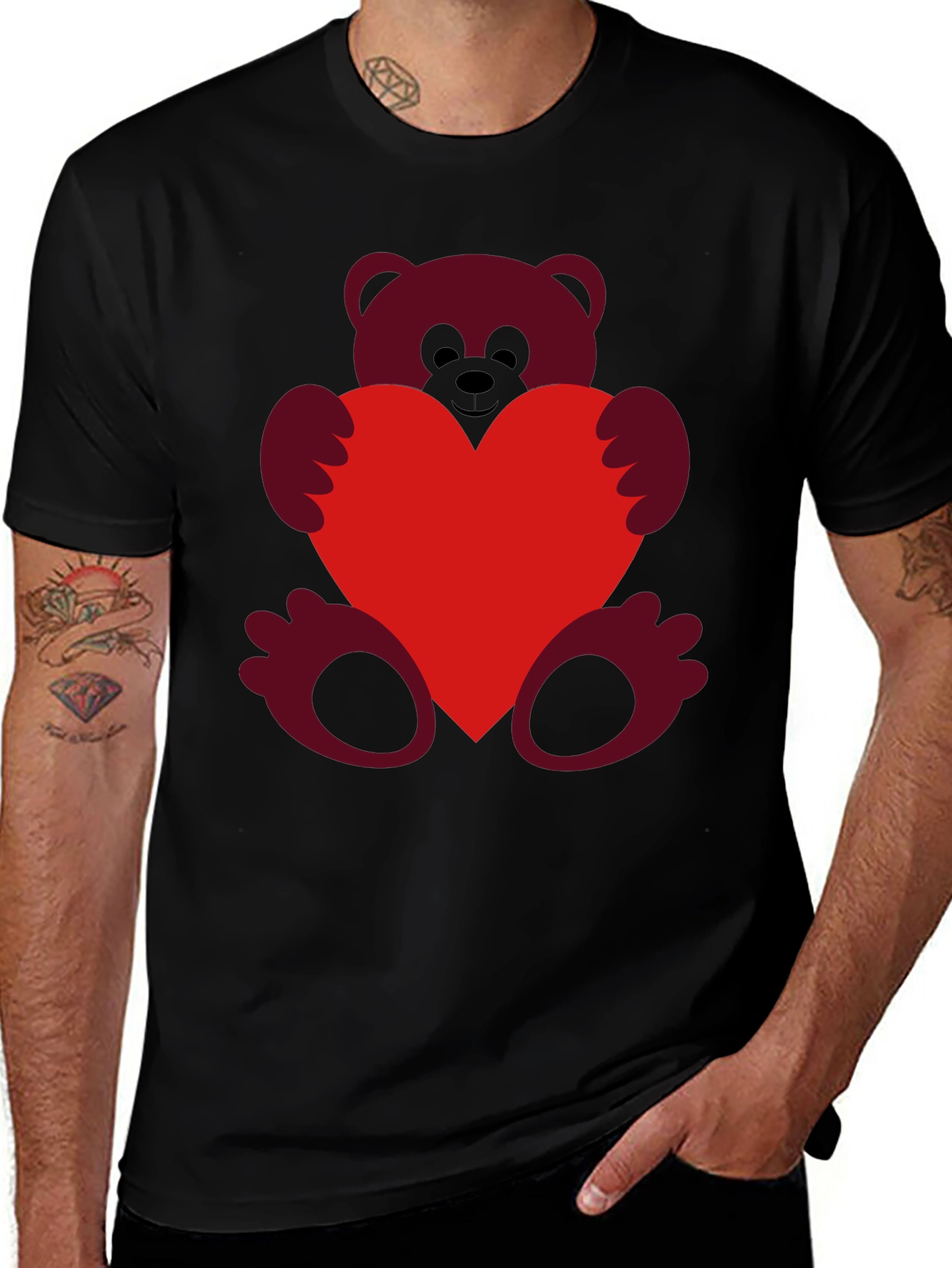Heart Hugging Teddy Bear Black T-Shirt