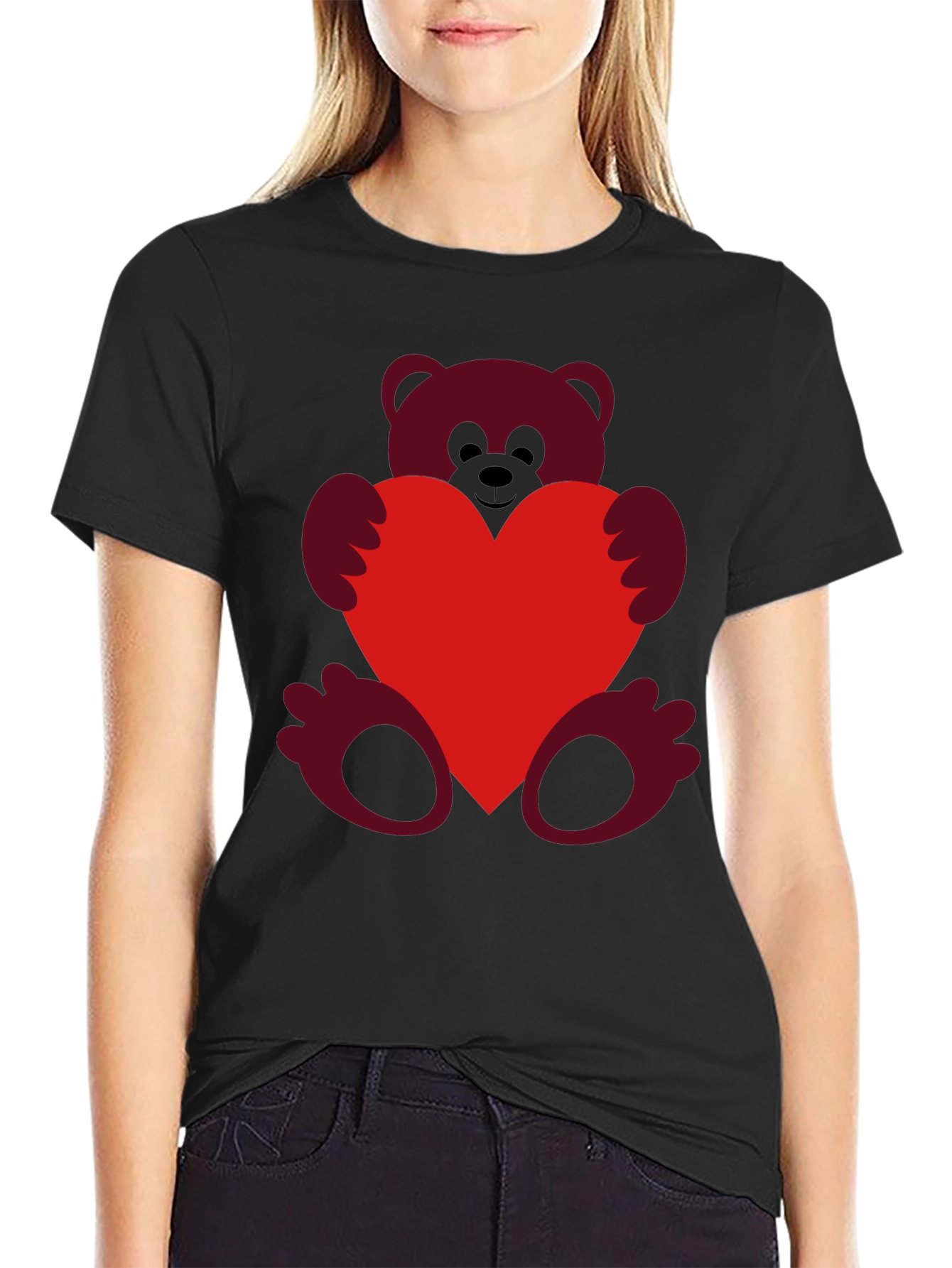 Heart Hugging Teddy Bear Black T-Shirt