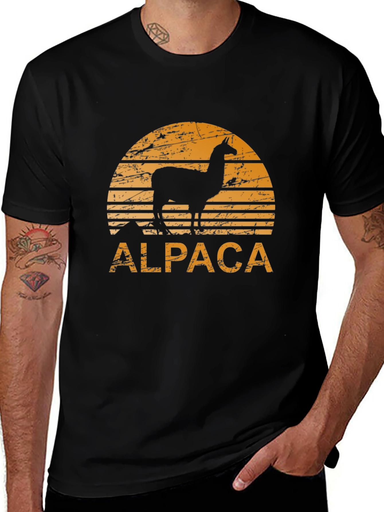 Alpaca Sunset Graphic Tee - Retro Style Black T-Shirt