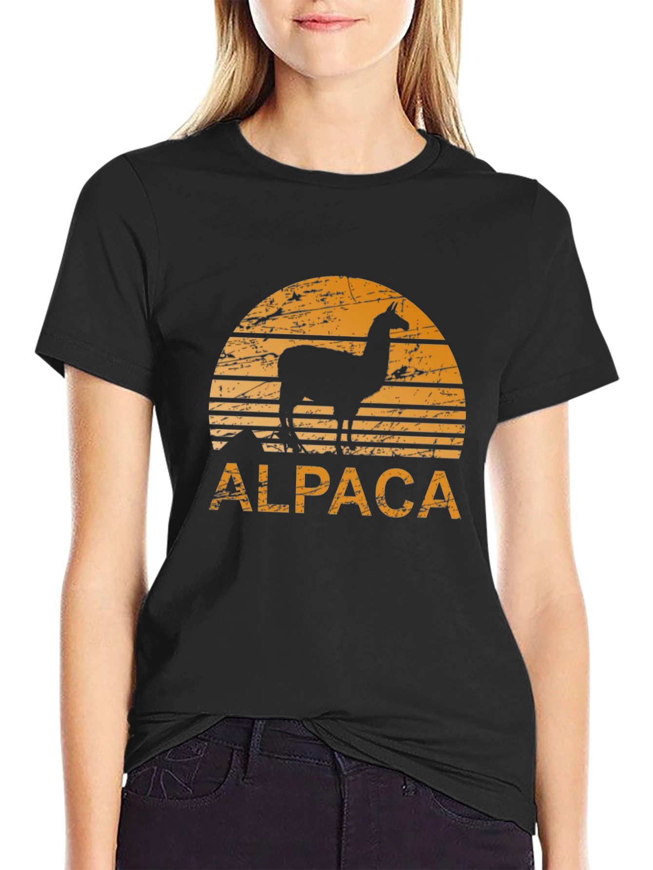 Alpaca Sunset Graphic Tee - Retro Style Black T-Shirt