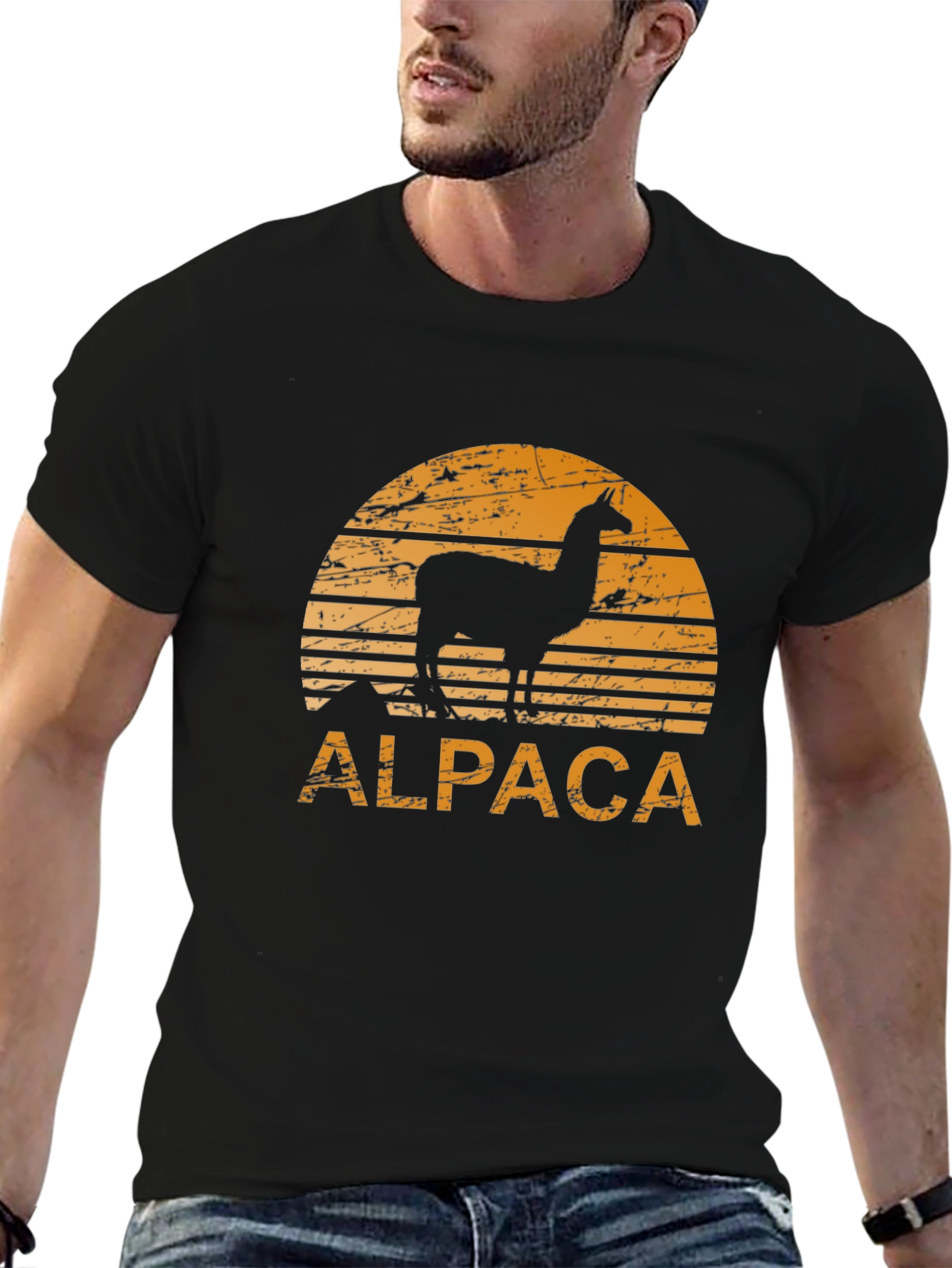 Alpaca Sunset Graphic Tee - Retro Style Black T-Shirt