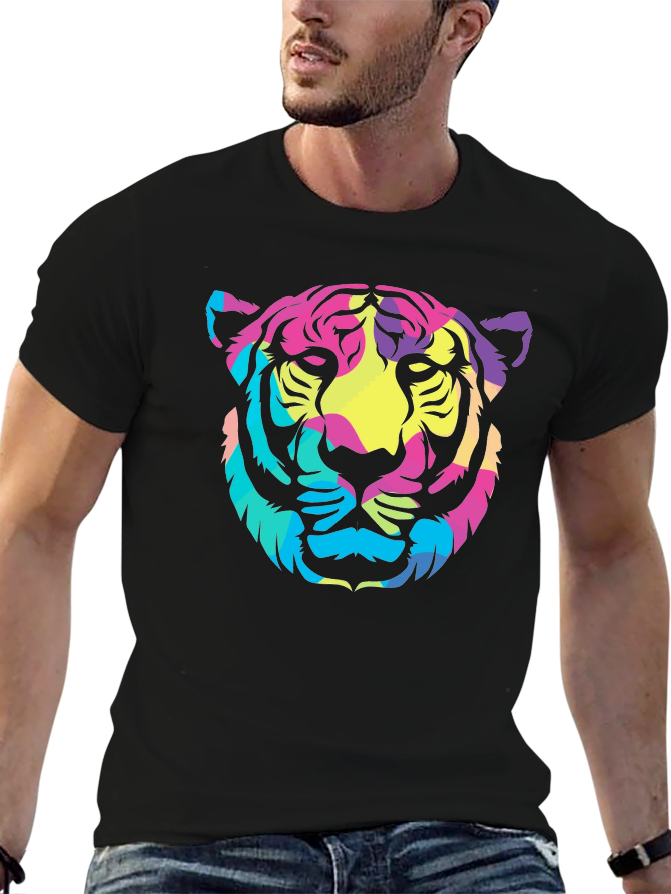 Vibrant Tiger Graphic Tee - Stylish Black Cotton T-Shirt