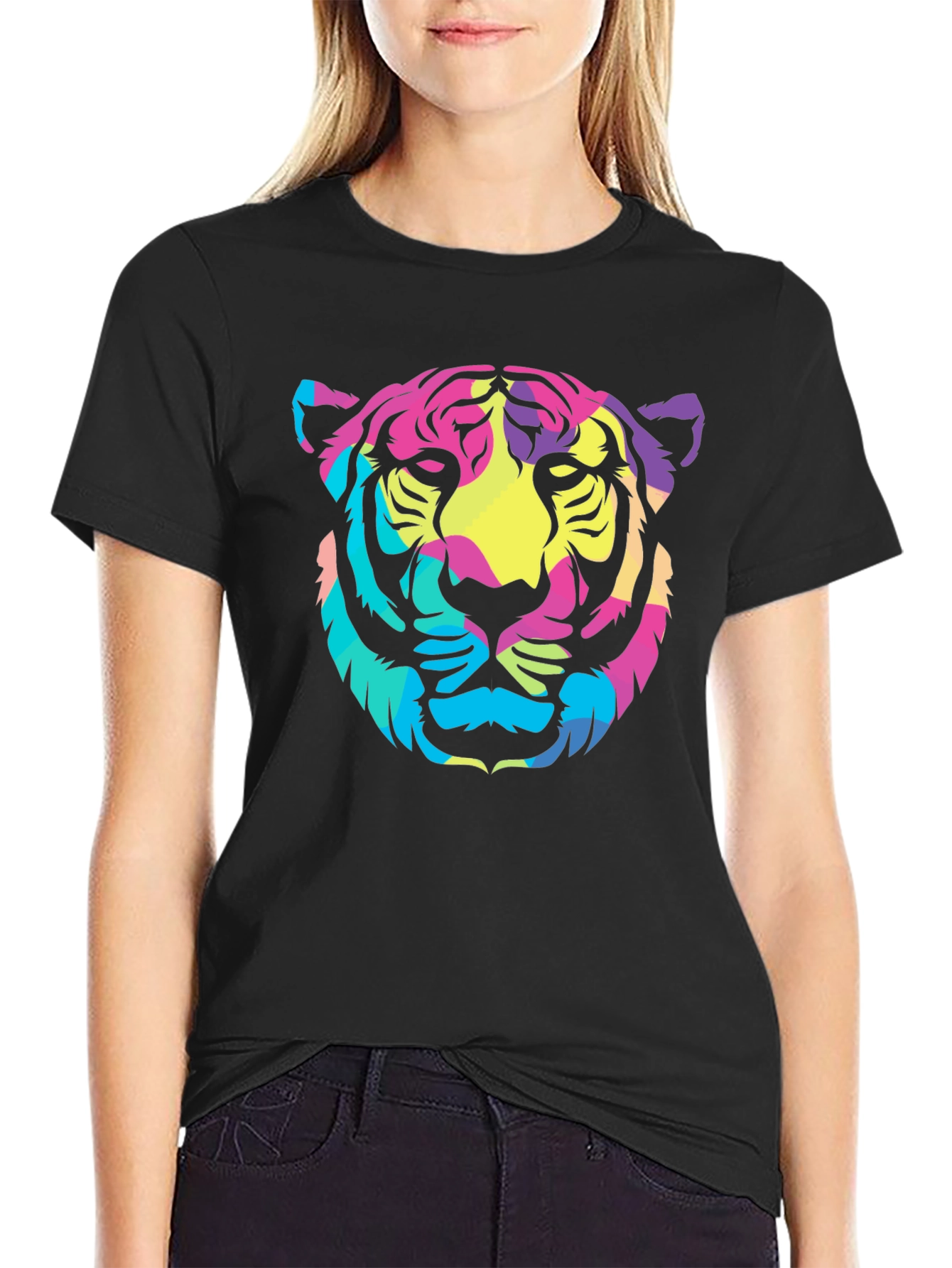 Vibrant Tiger Graphic Tee - Stylish Black Cotton T-Shirt