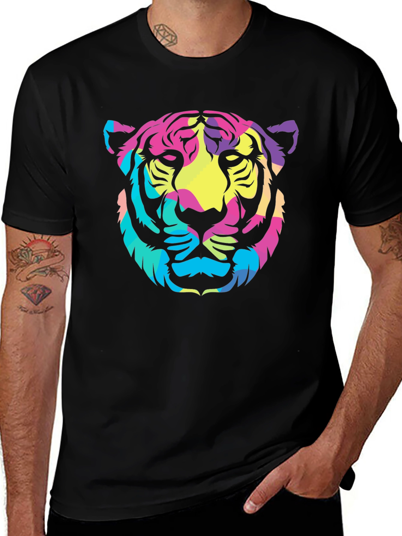 Vibrant Tiger Graphic Tee - Stylish Black Cotton T-Shirt