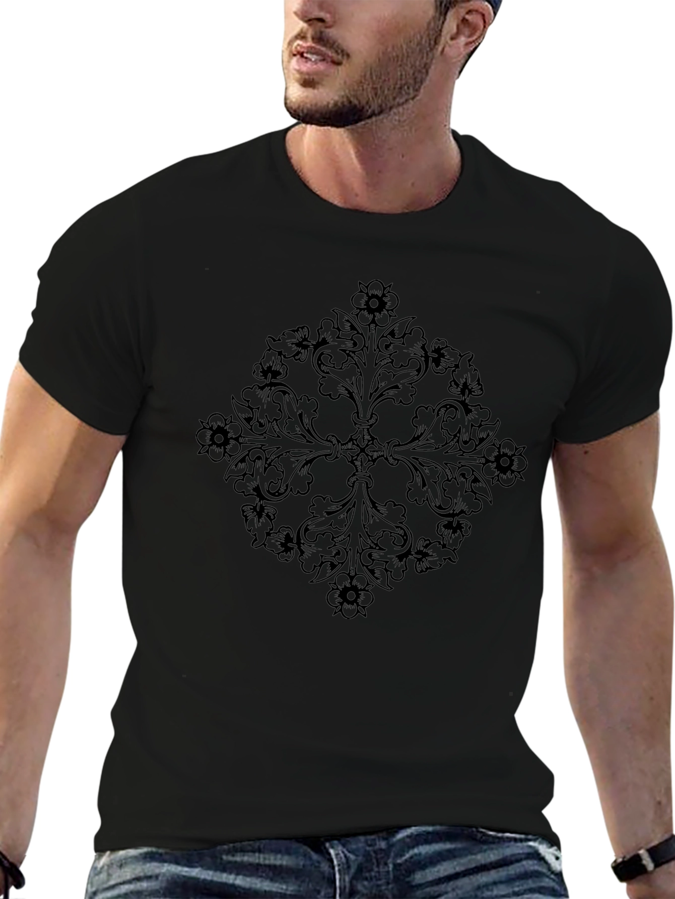 Elegant Black Floral Pattern T-Shirt