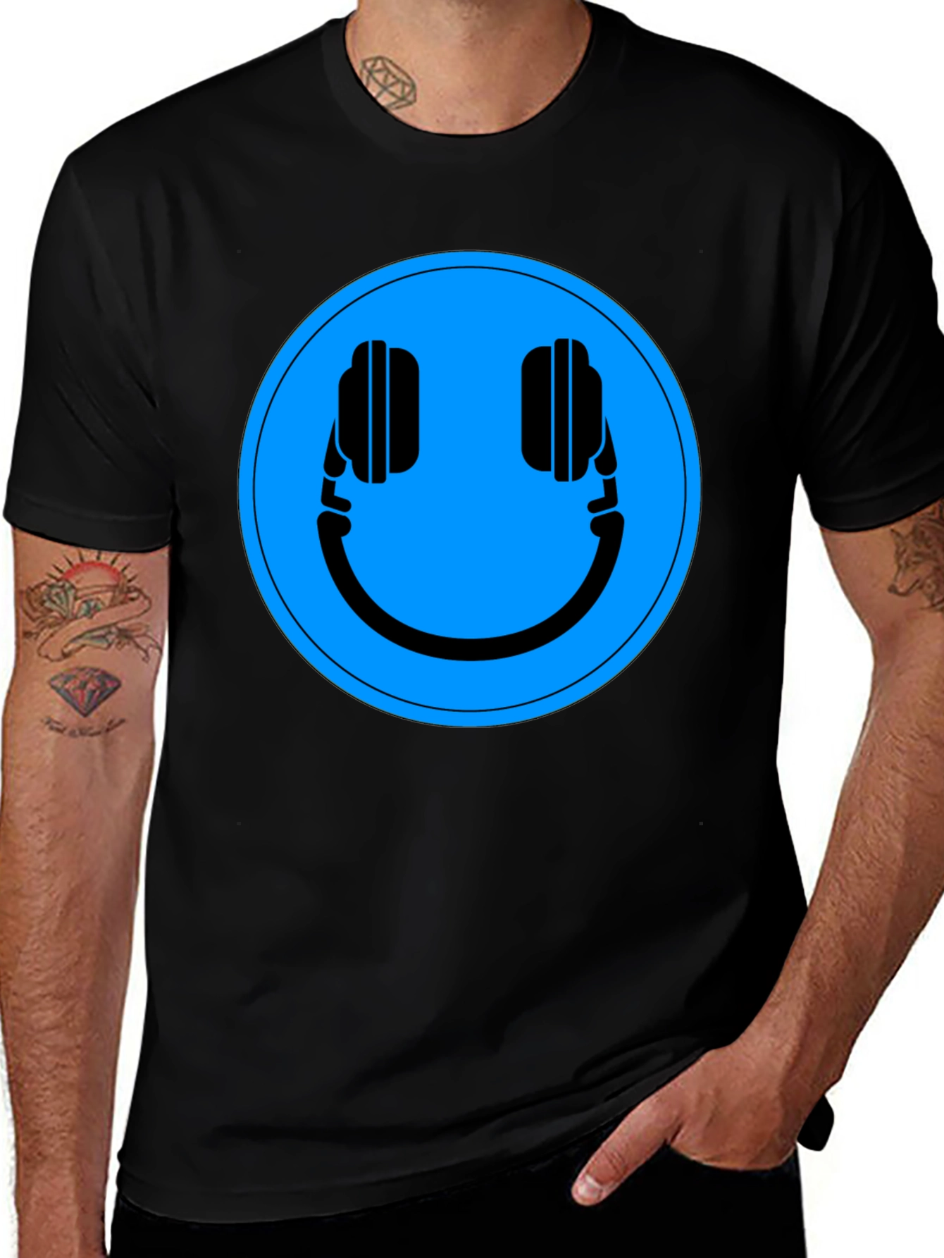 Headphone Smiley Face Graphic Tee - Black