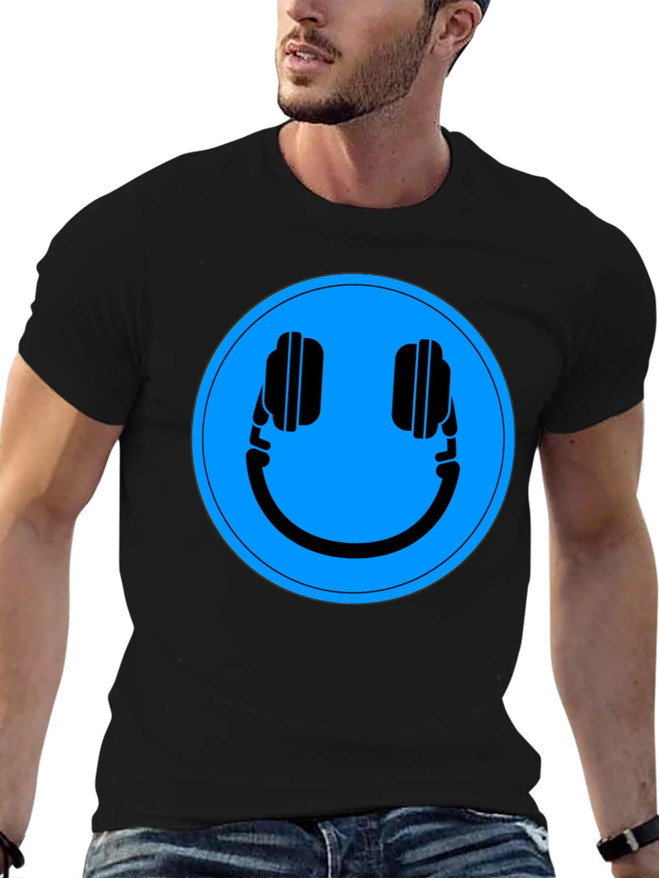 Headphone Smiley Face Graphic Tee - Black