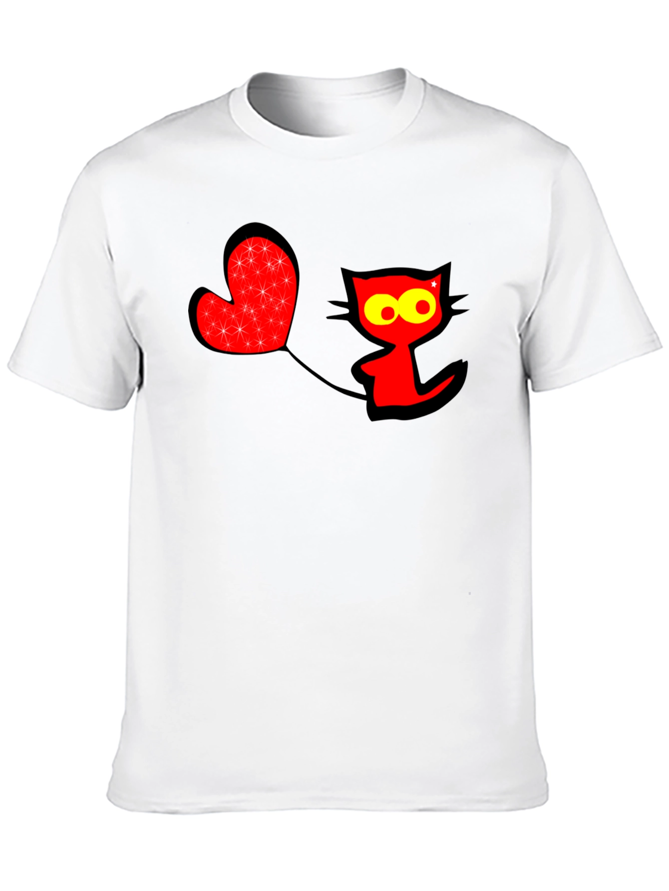 Fun Graphic Tee: Red Cat with Heart Balloon