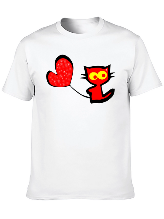 Fun Graphic Tee: Red Cat with Heart Balloon