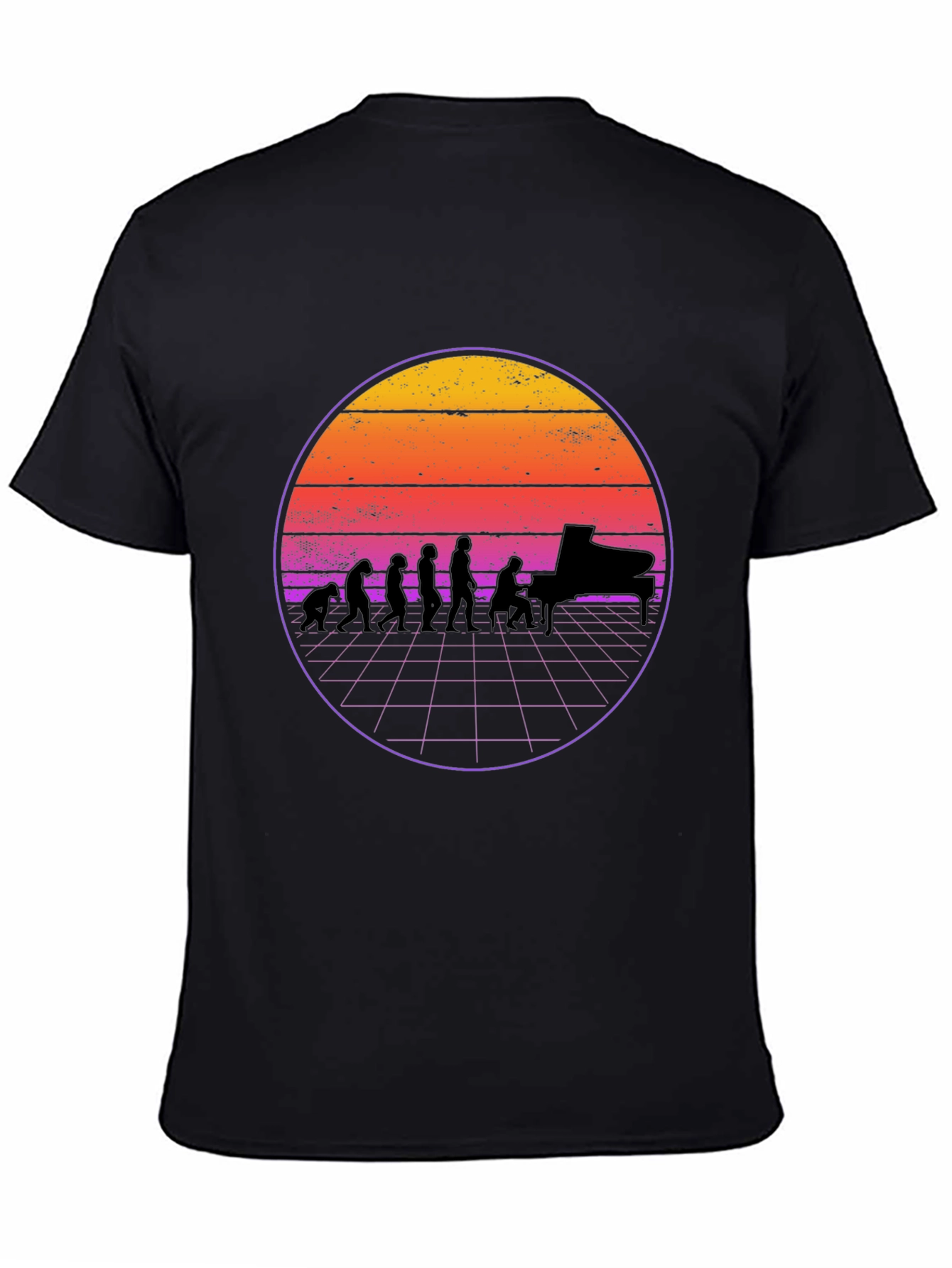 Piano Evolution T-Shirt - Retro Sunset Design