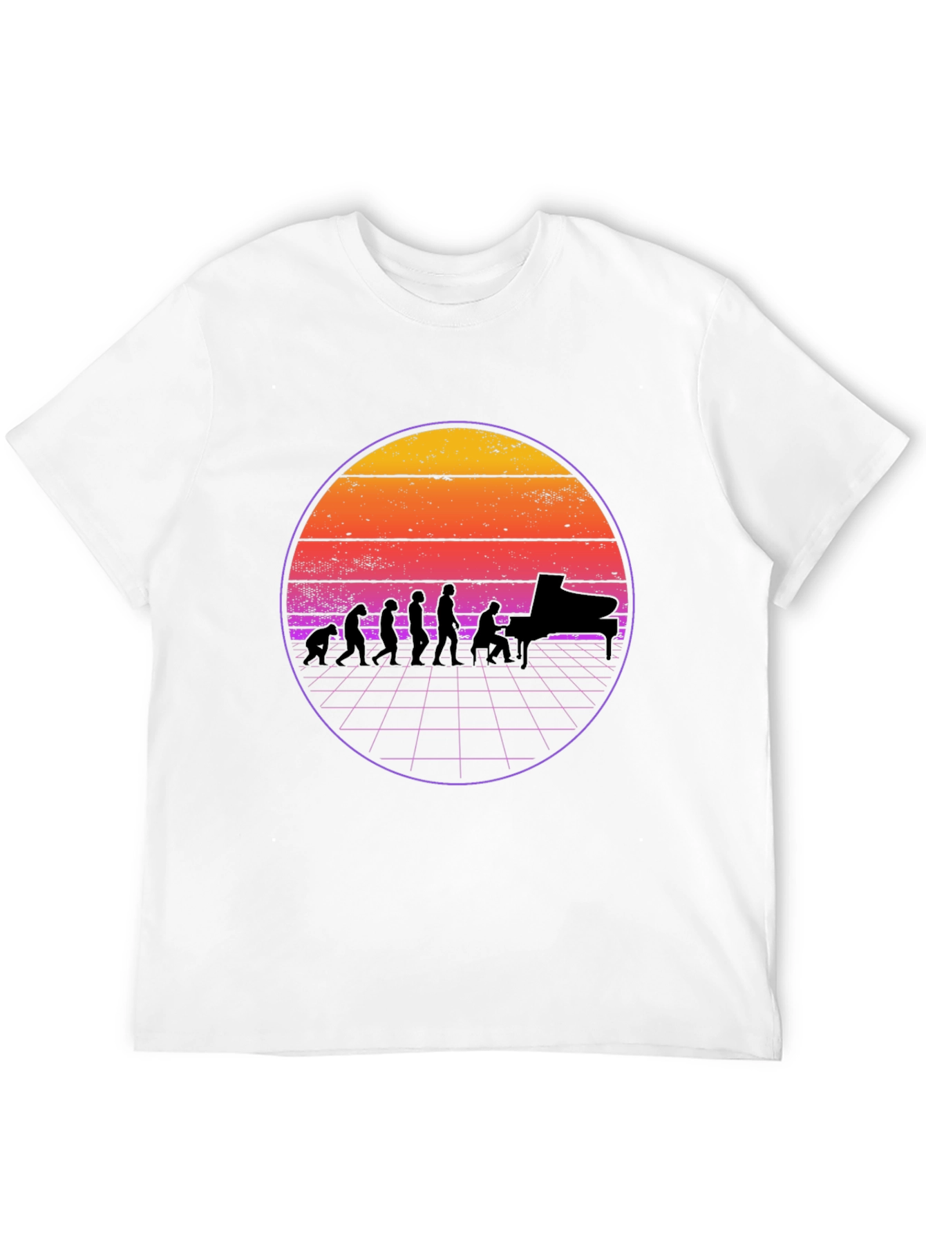 Piano Evolution T-Shirt - Retro Sunset Design
