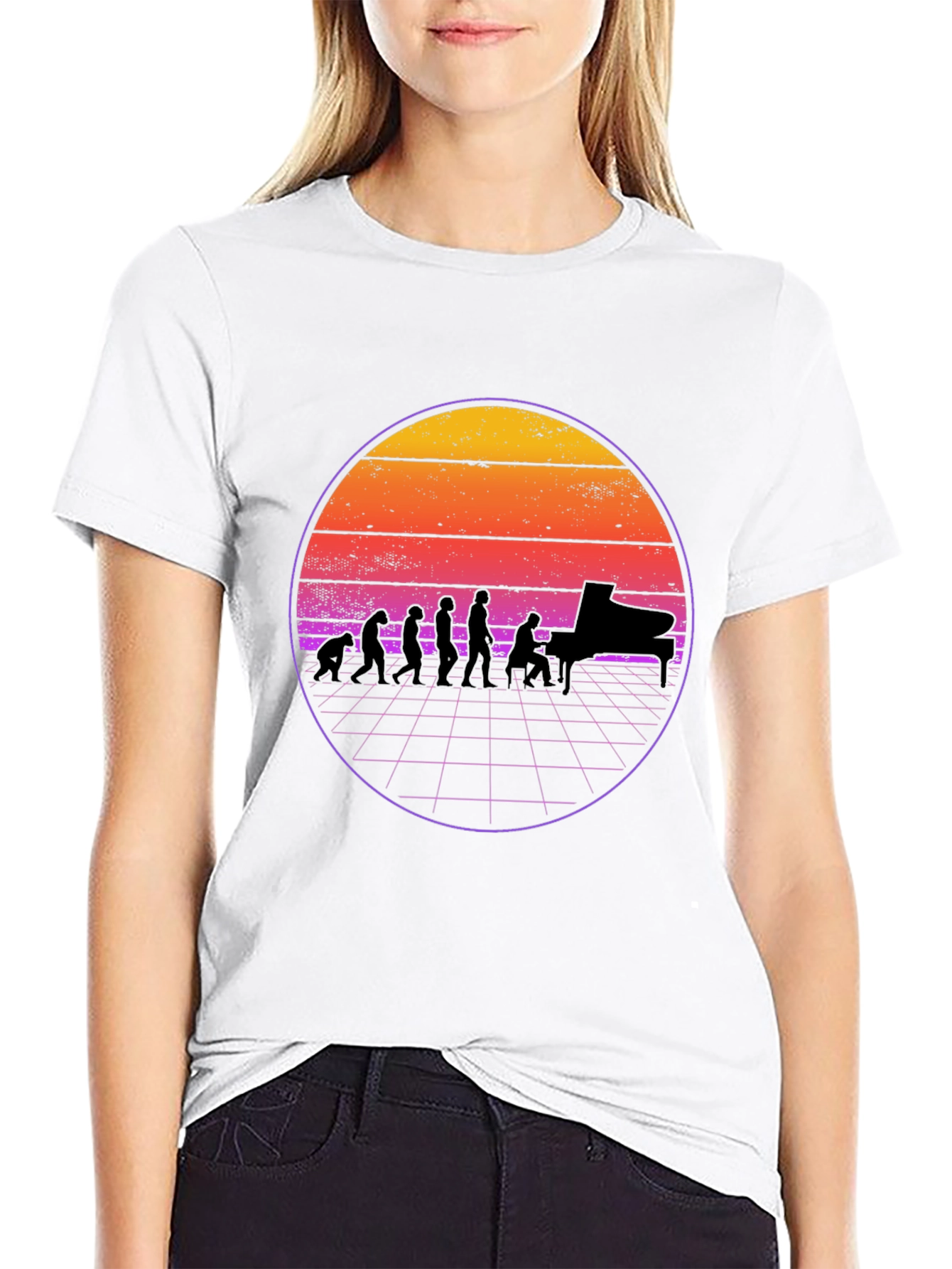 Piano Evolution T-Shirt - Retro Sunset Design