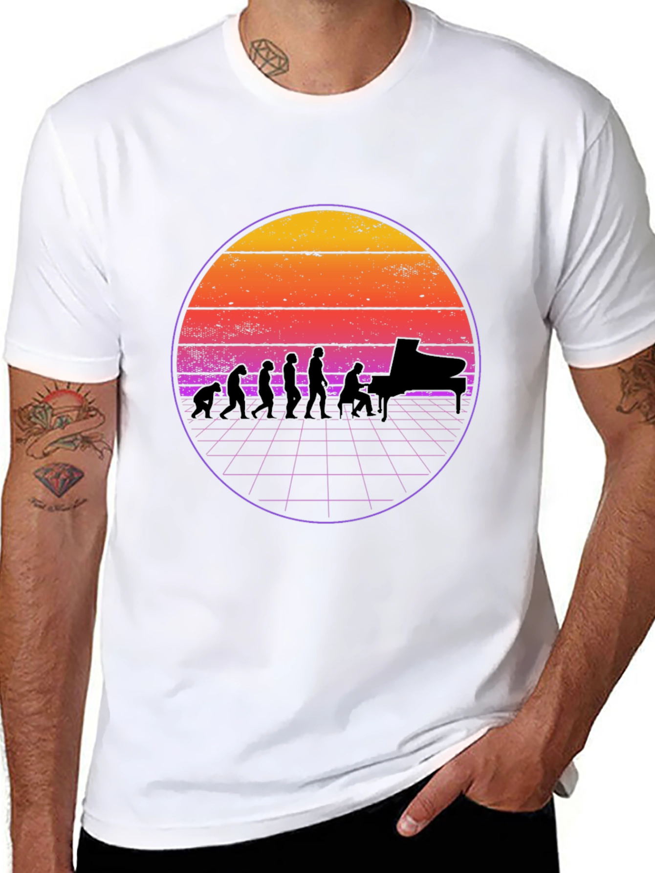 Piano Evolution T-Shirt - Retro Sunset Design