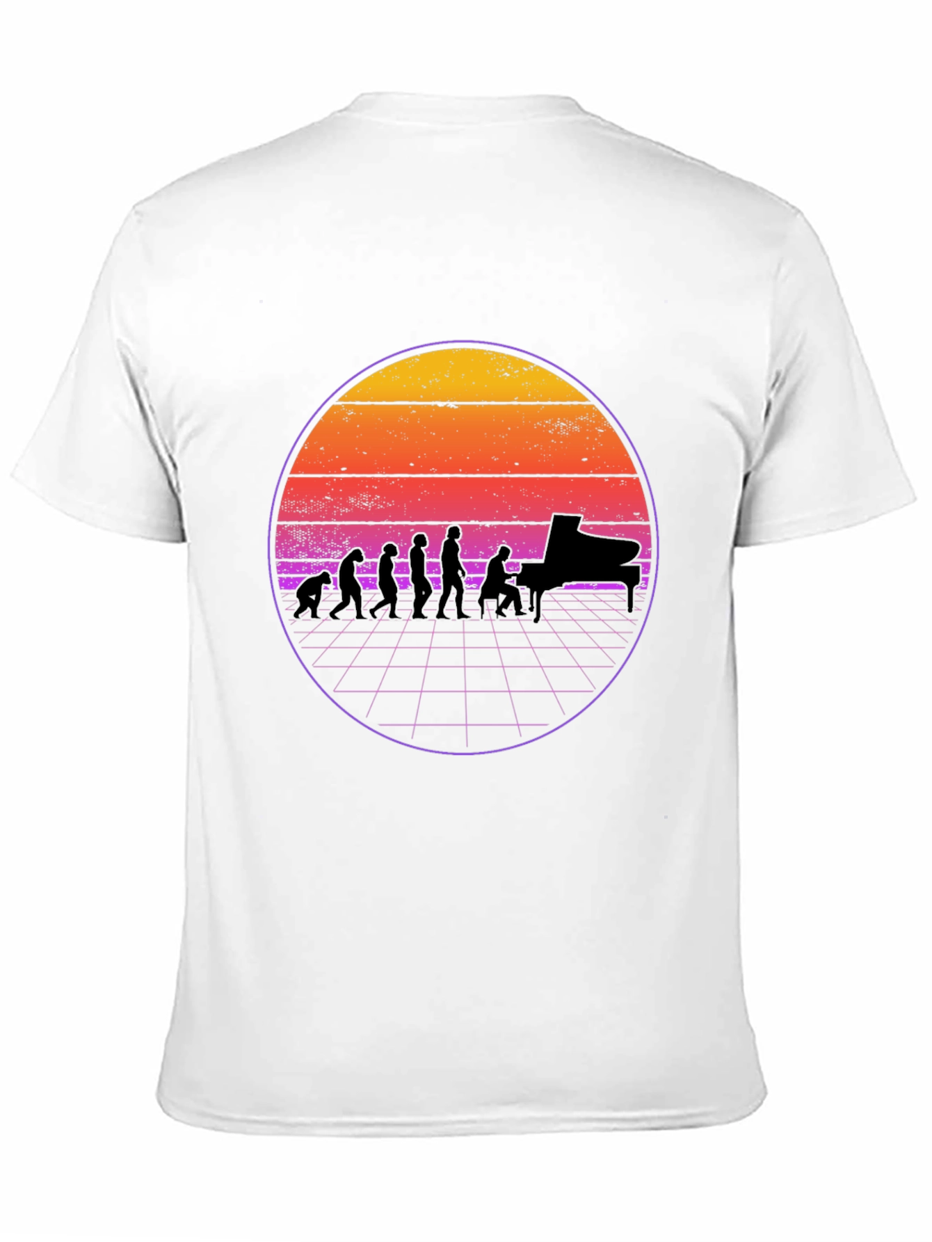 Piano Evolution T-Shirt - Retro Sunset Design