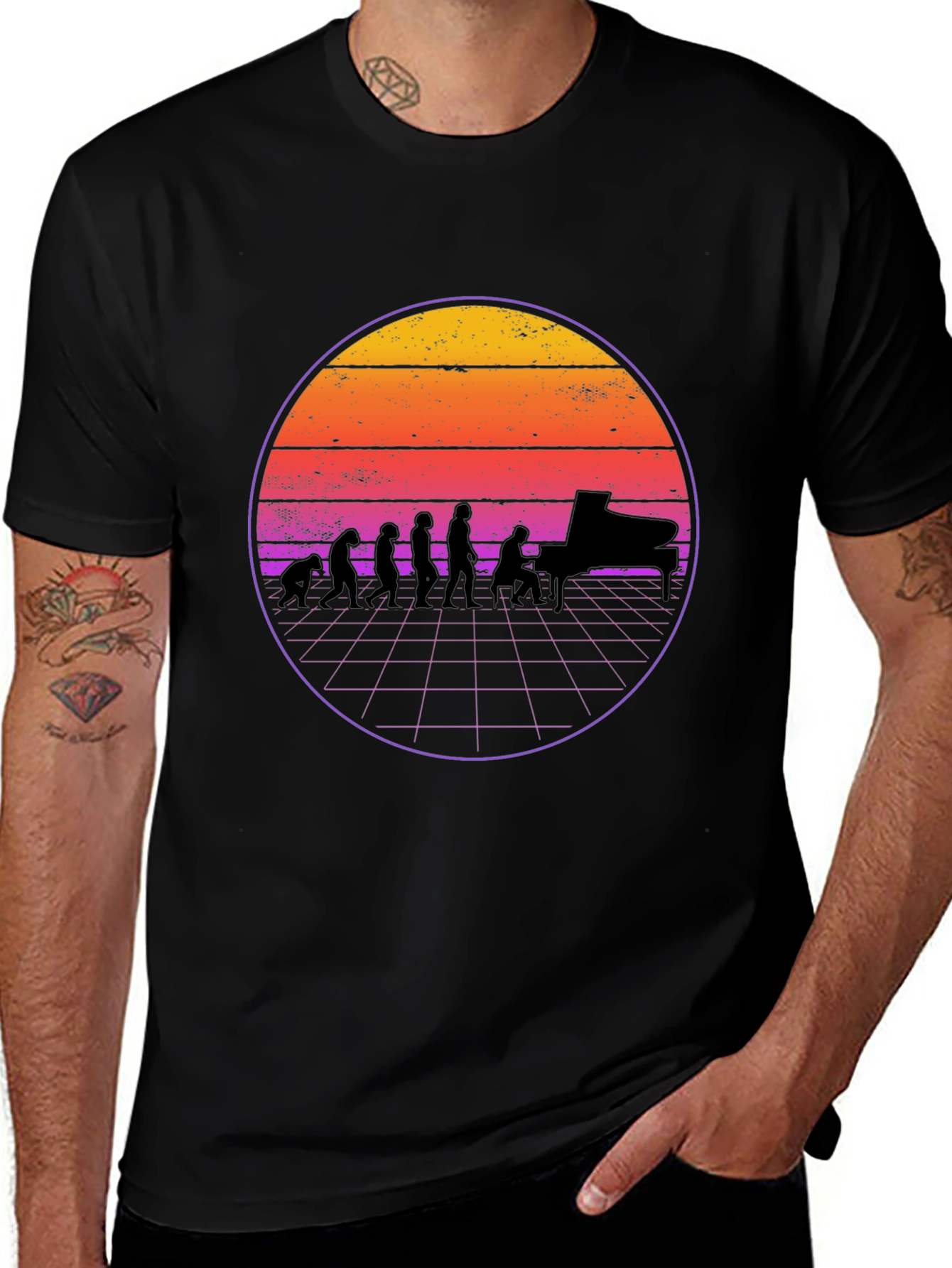 Piano Evolution T-Shirt - Retro Sunset Design