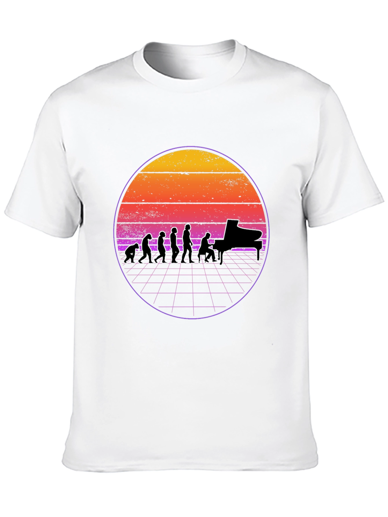 Piano Evolution T-Shirt - Retro Sunset Design