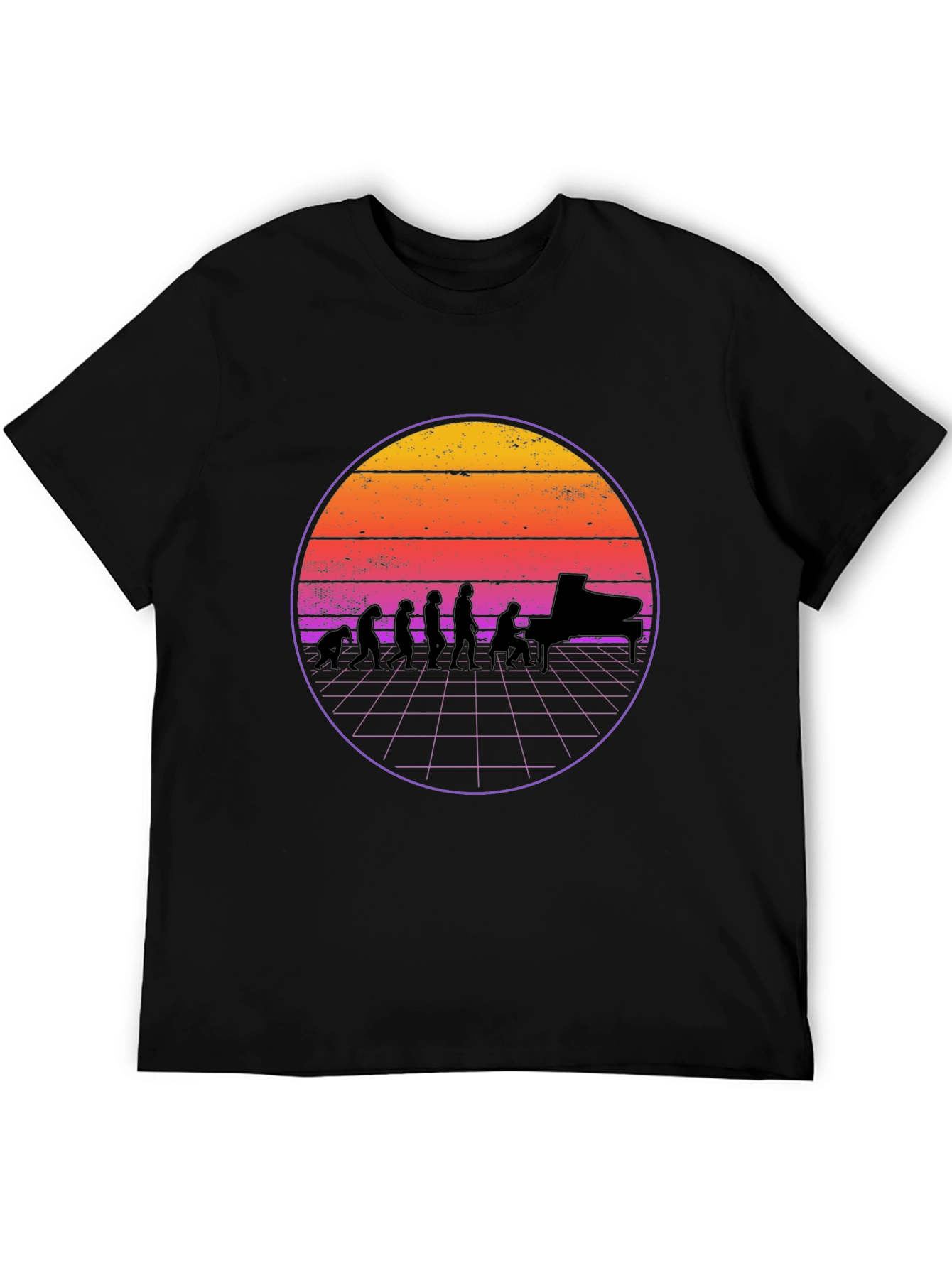 Piano Evolution T-Shirt - Retro Sunset Design