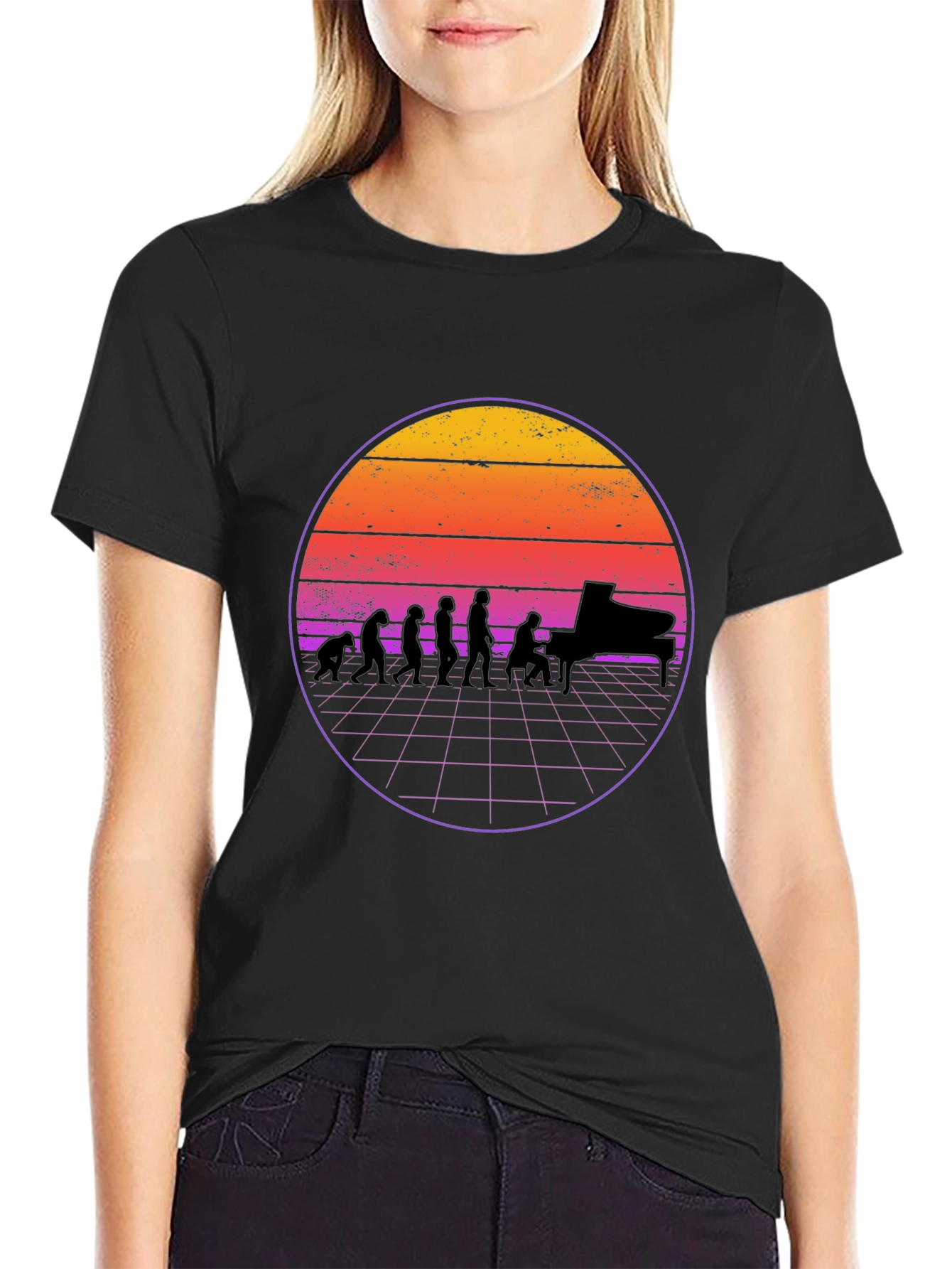 Piano Evolution T-Shirt - Retro Sunset Design