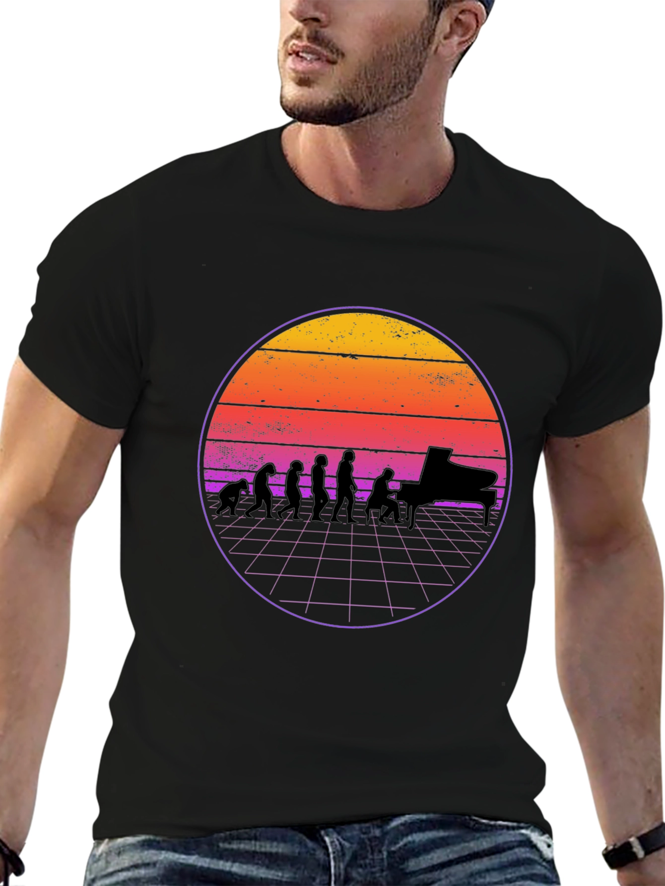 Piano Evolution T-Shirt - Retro Sunset Design