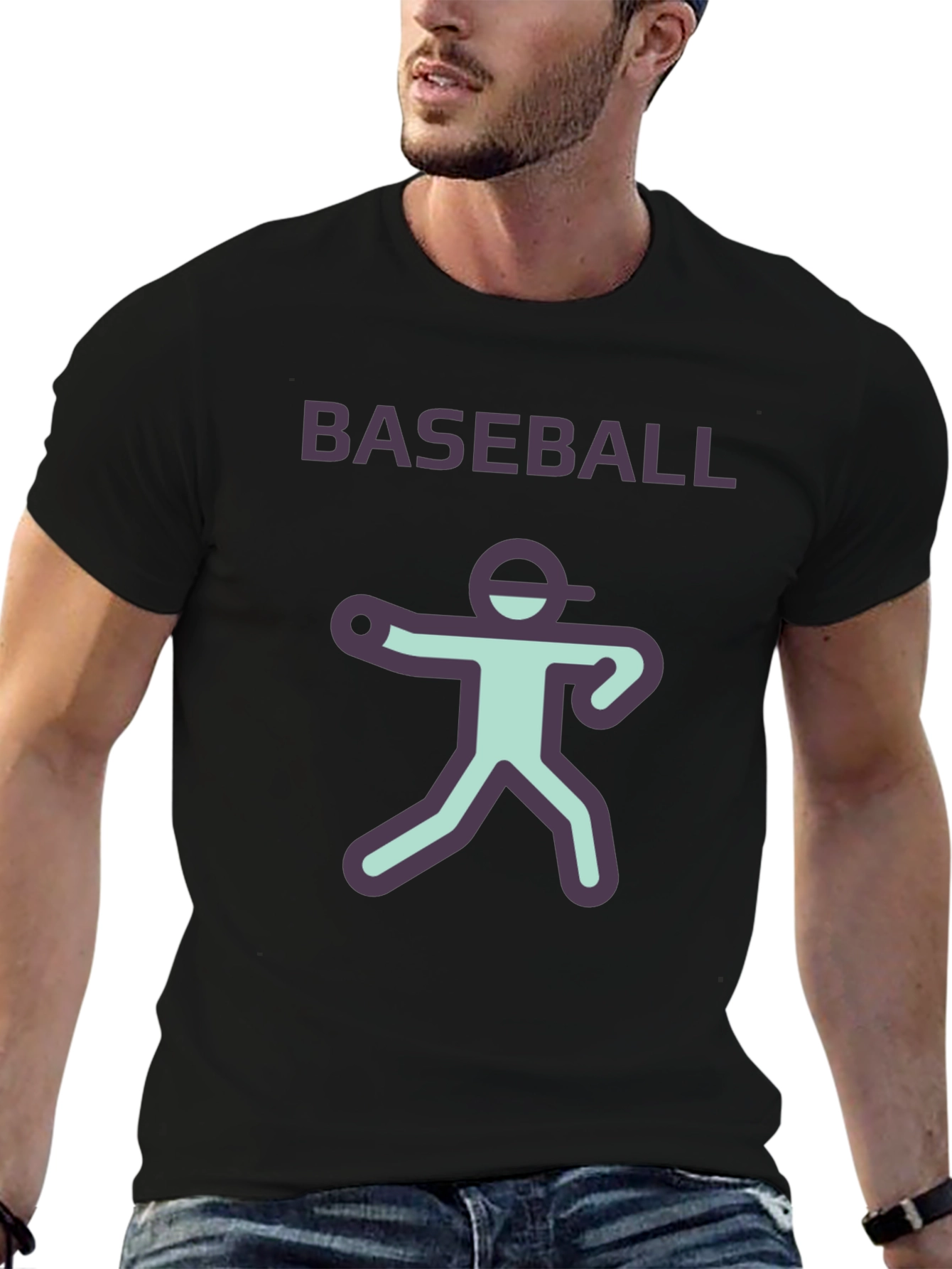 Baseball Player Graphic Tee - Black Cotton