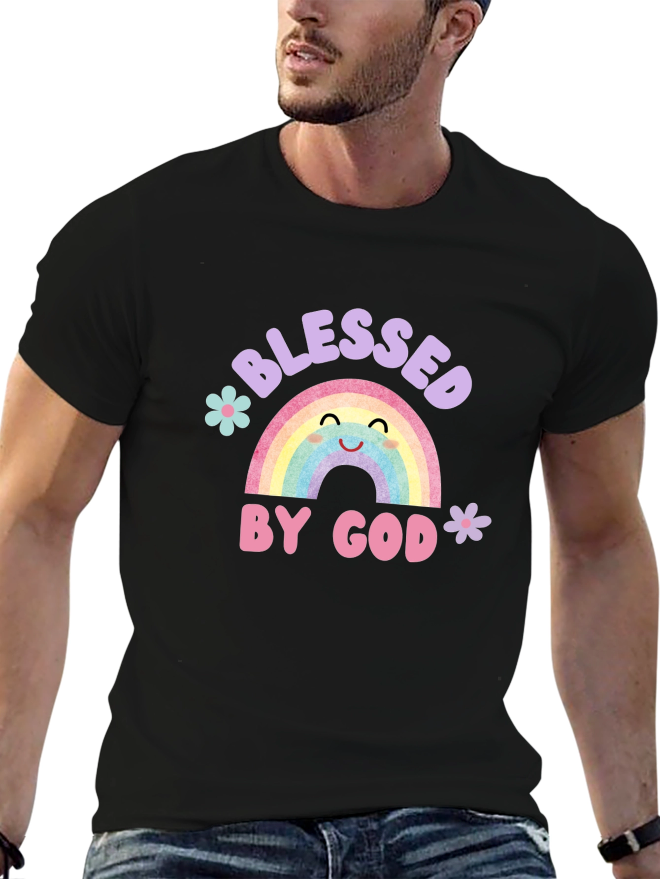 Blessed by God Rainbow Graphic Tee - Black