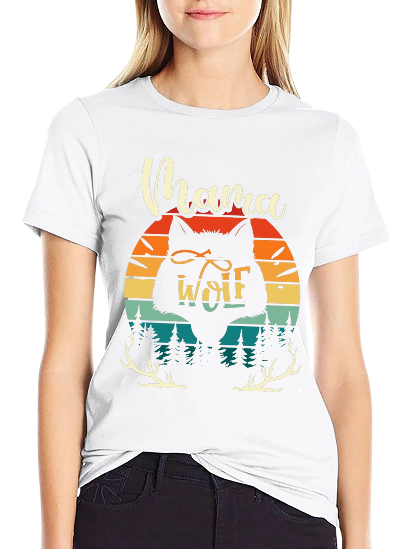 Mama Wolf Graphic Tee - Retro Sunset Design