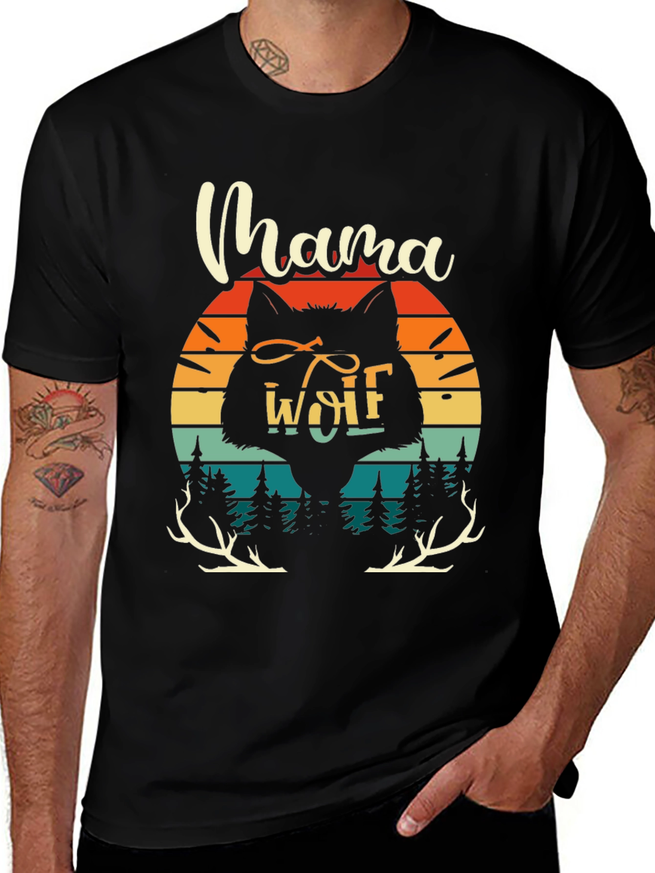 Mama Wolf Graphic Tee - Retro Sunset Design