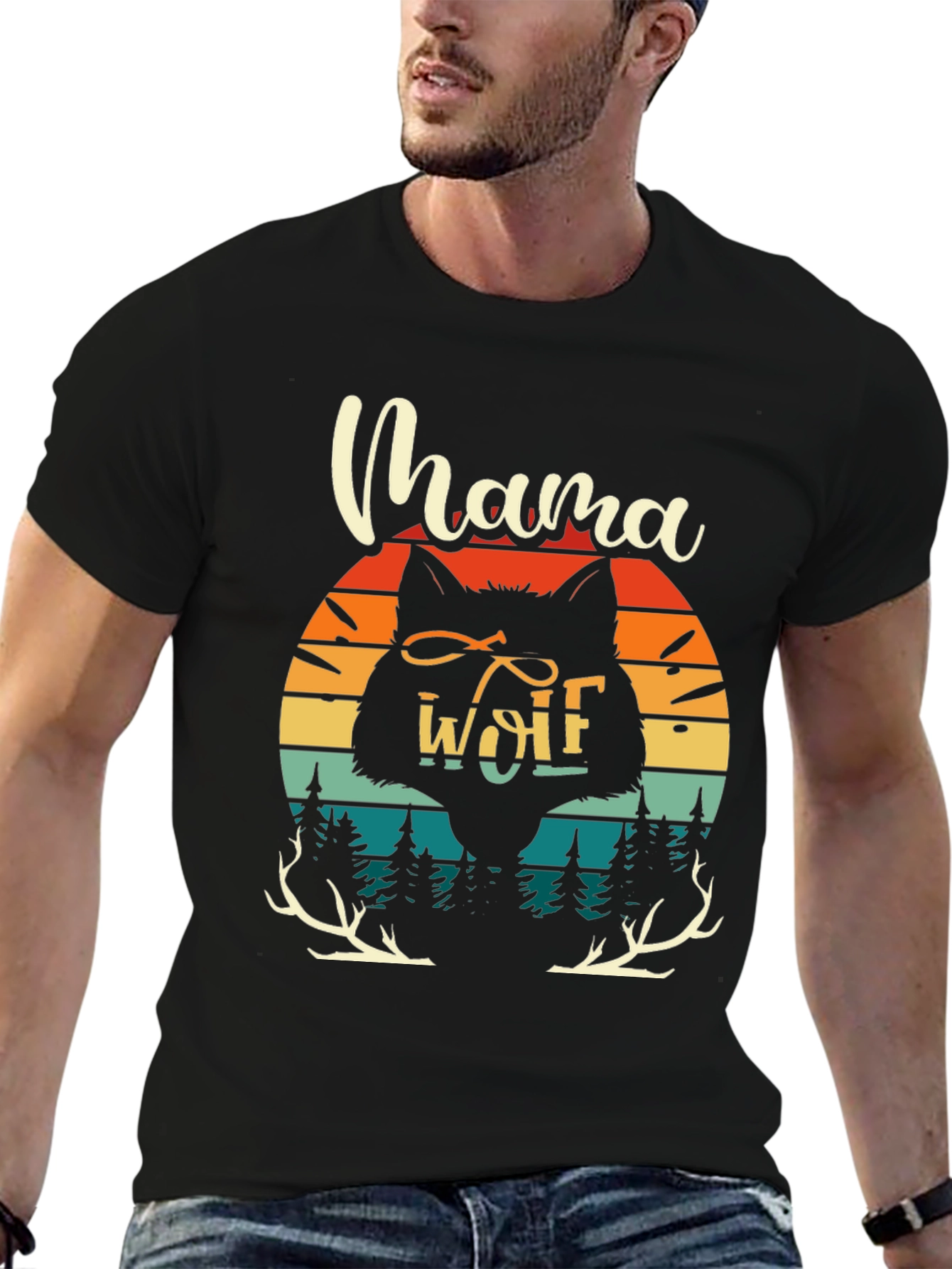 Mama Wolf Graphic Tee - Retro Sunset Design
